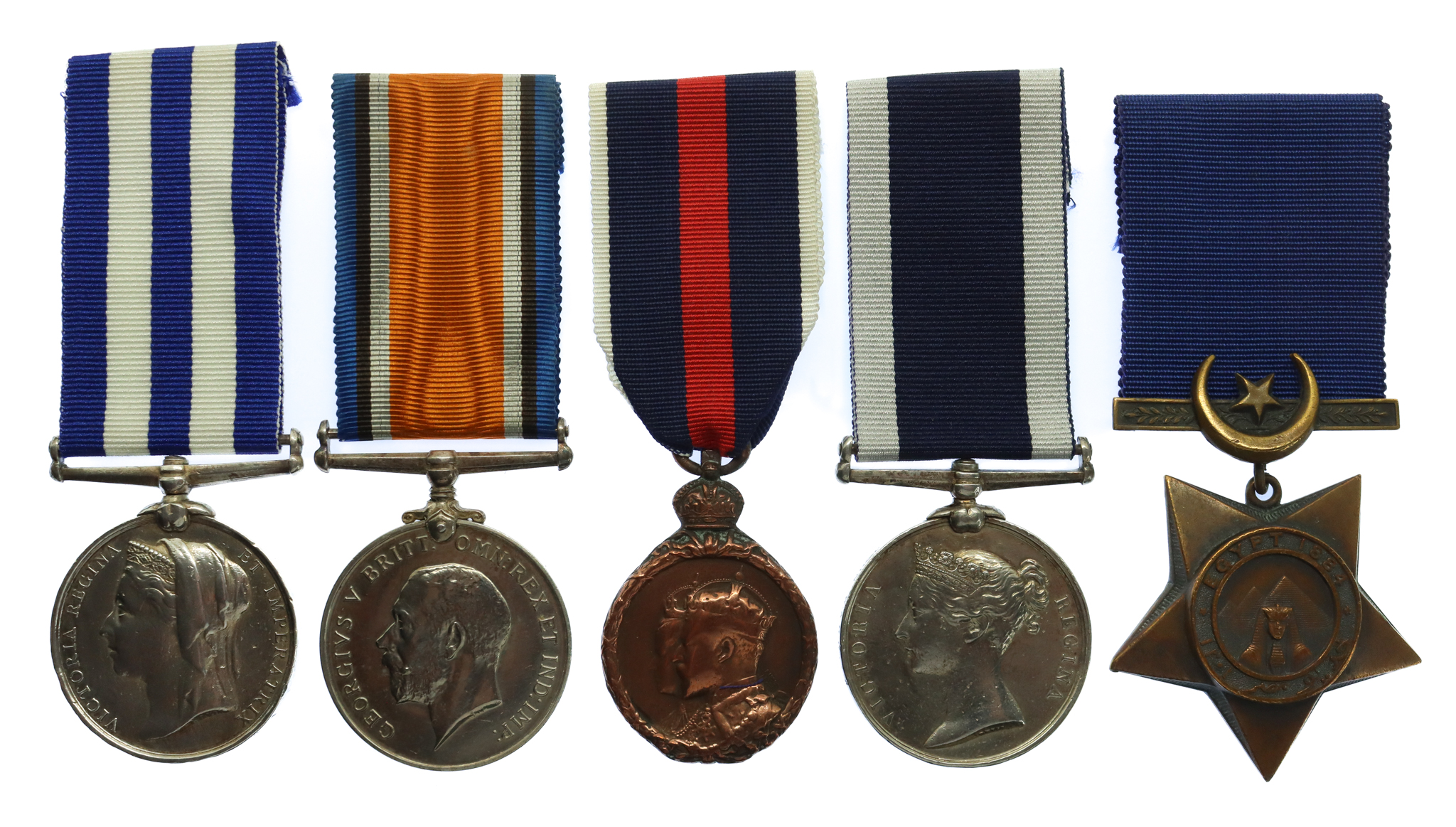 Egypt Medal, WW1 British War Medal, 1902 Coronation Medal and RN Long Service & Good Conduct Medal Group of Five - Master At Arms John Warrick, Royal Navy (Formerly Private, R.M.L.I.)