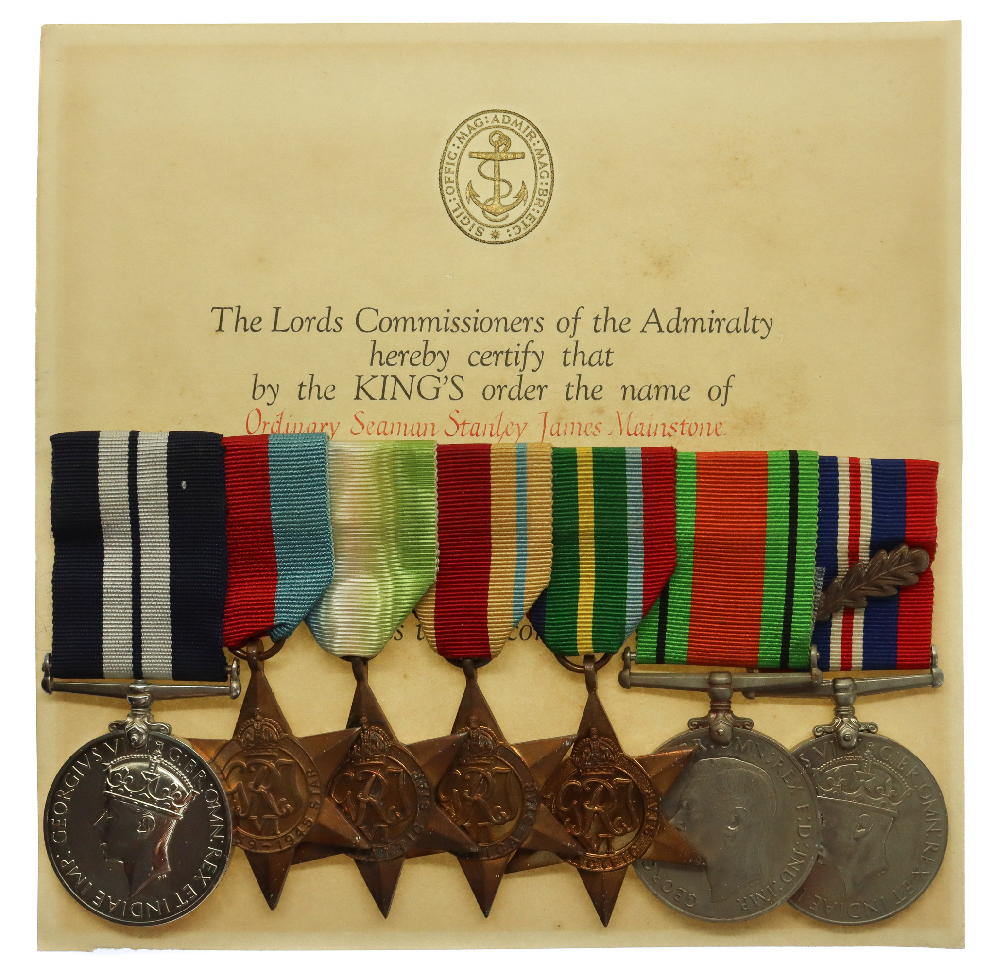 WW2 Distinguished Service Medal and Mentioned In Despatches Medal Group of Seven with MID Certificate - Smn. S.J. Mainstone, Royal Naval Patrol Service
