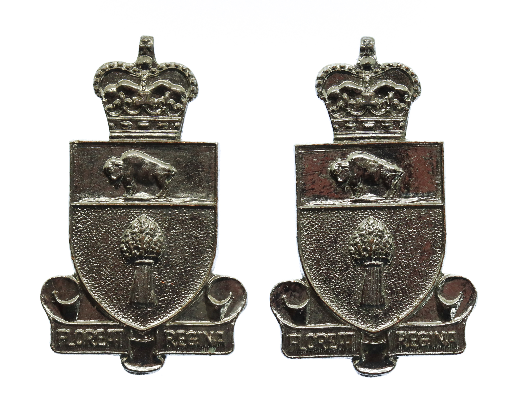 Pair of Canadian Saskatchewan Police Collar Badges - Queen's Crown