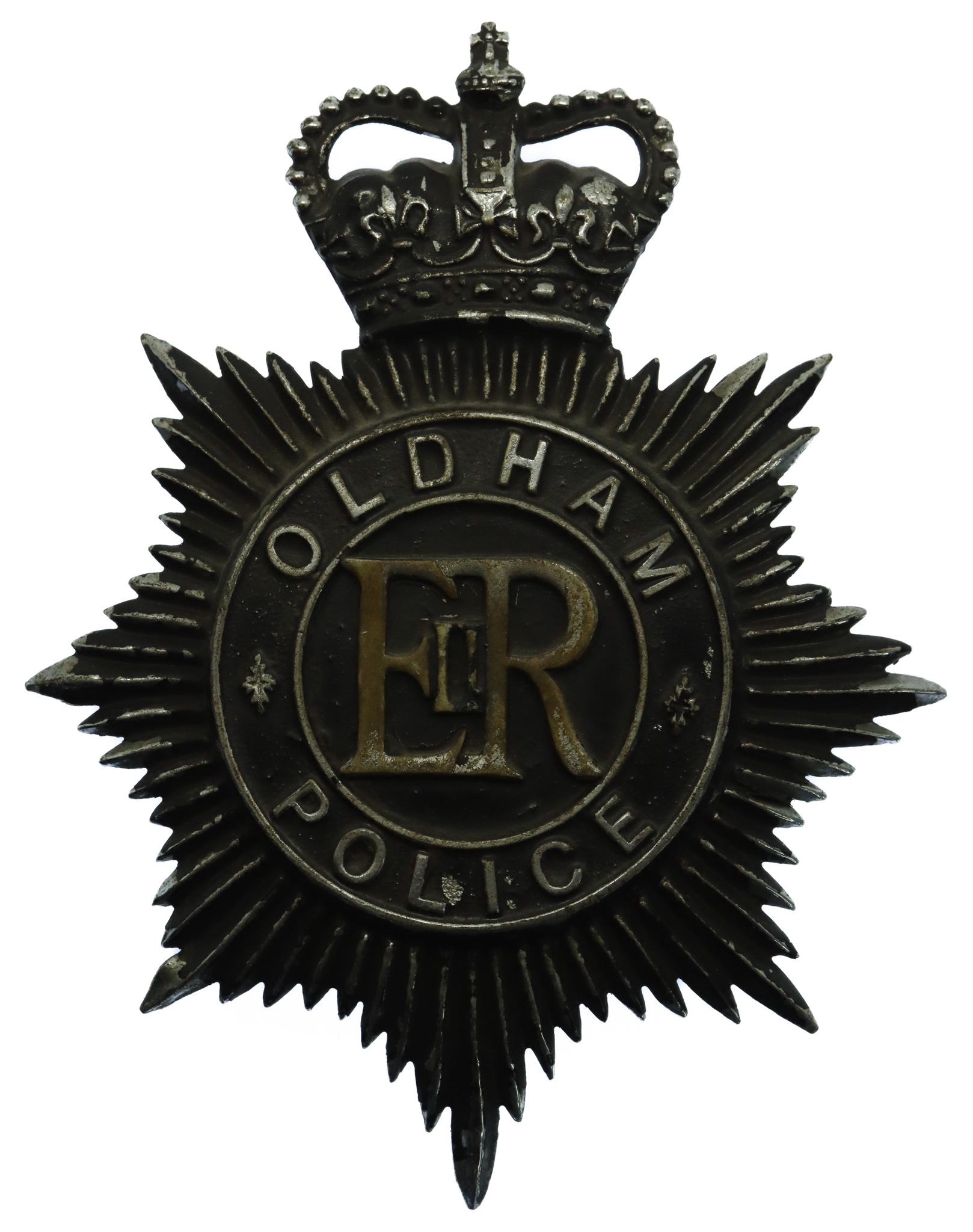 Oldham Borough Police Blackened Chrome Helmet Plate - Queen's Crown