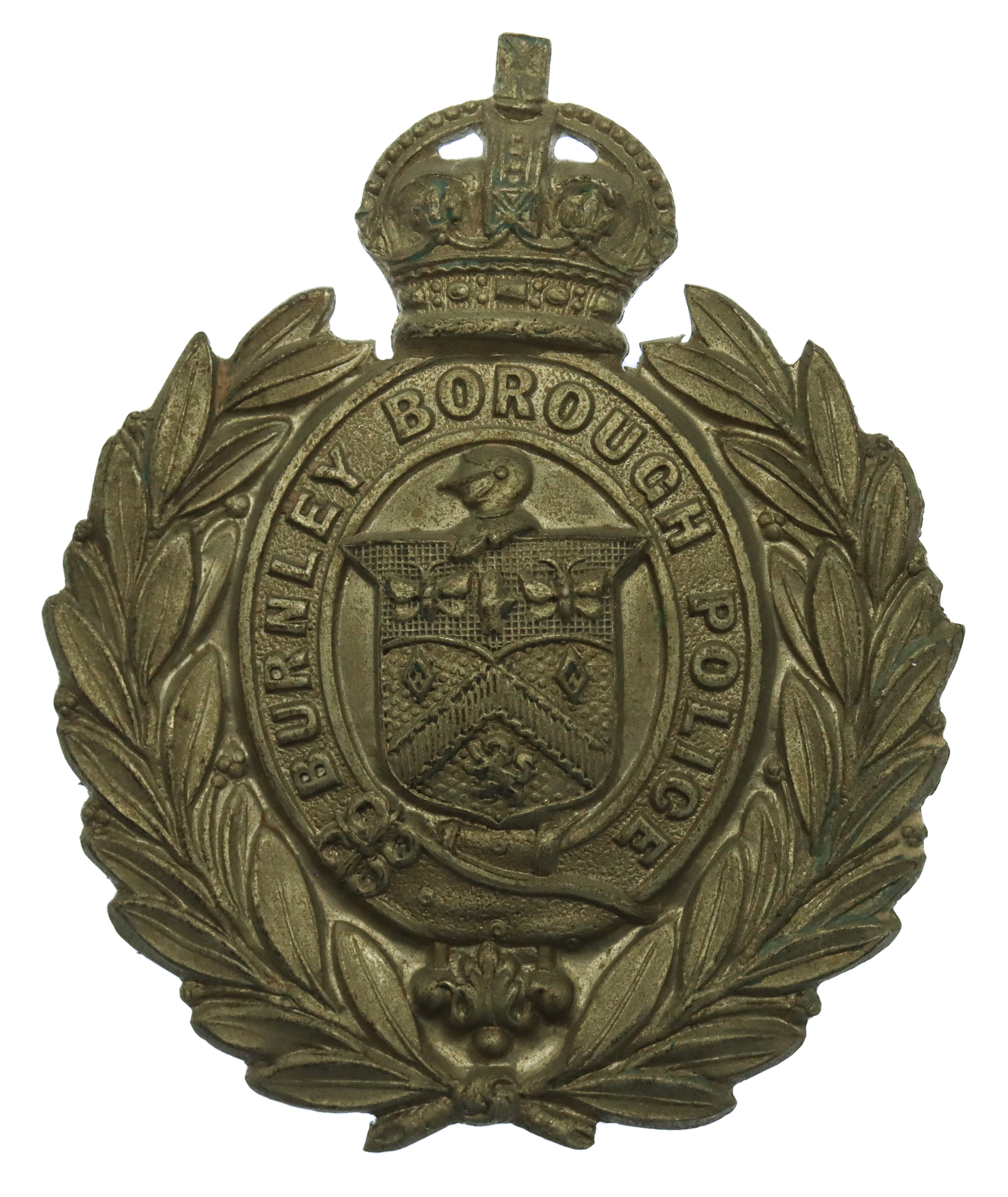 Burnley Borough Police Small White Metal Wreath Helmet Plate - King's Crown