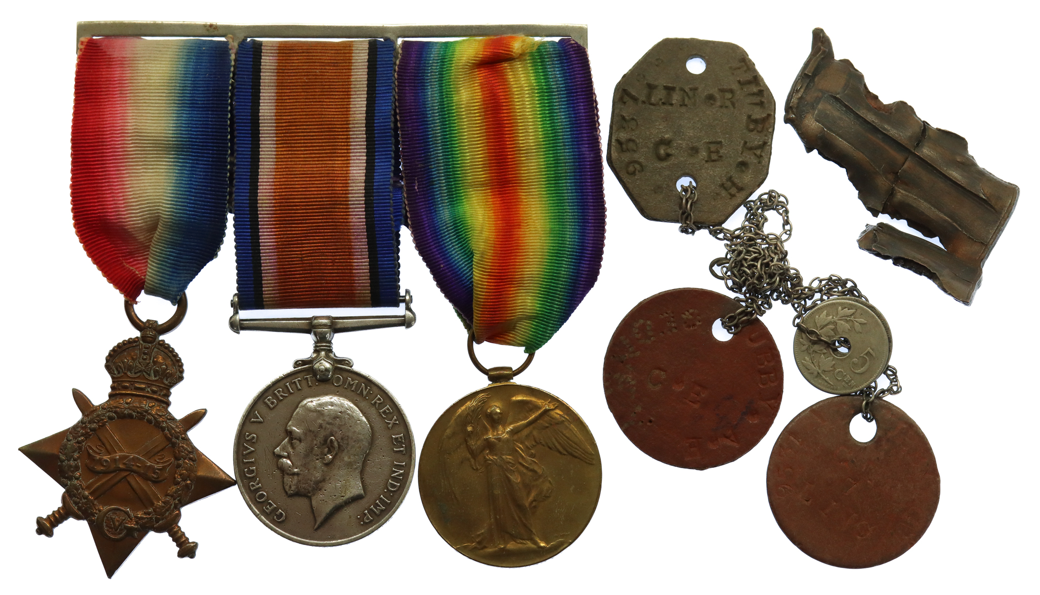 WW1 1914-15 Star Medal Trio and Dog Tags - Pte. A.E. Tubby, Lincolnshire Regiment - Wounded
