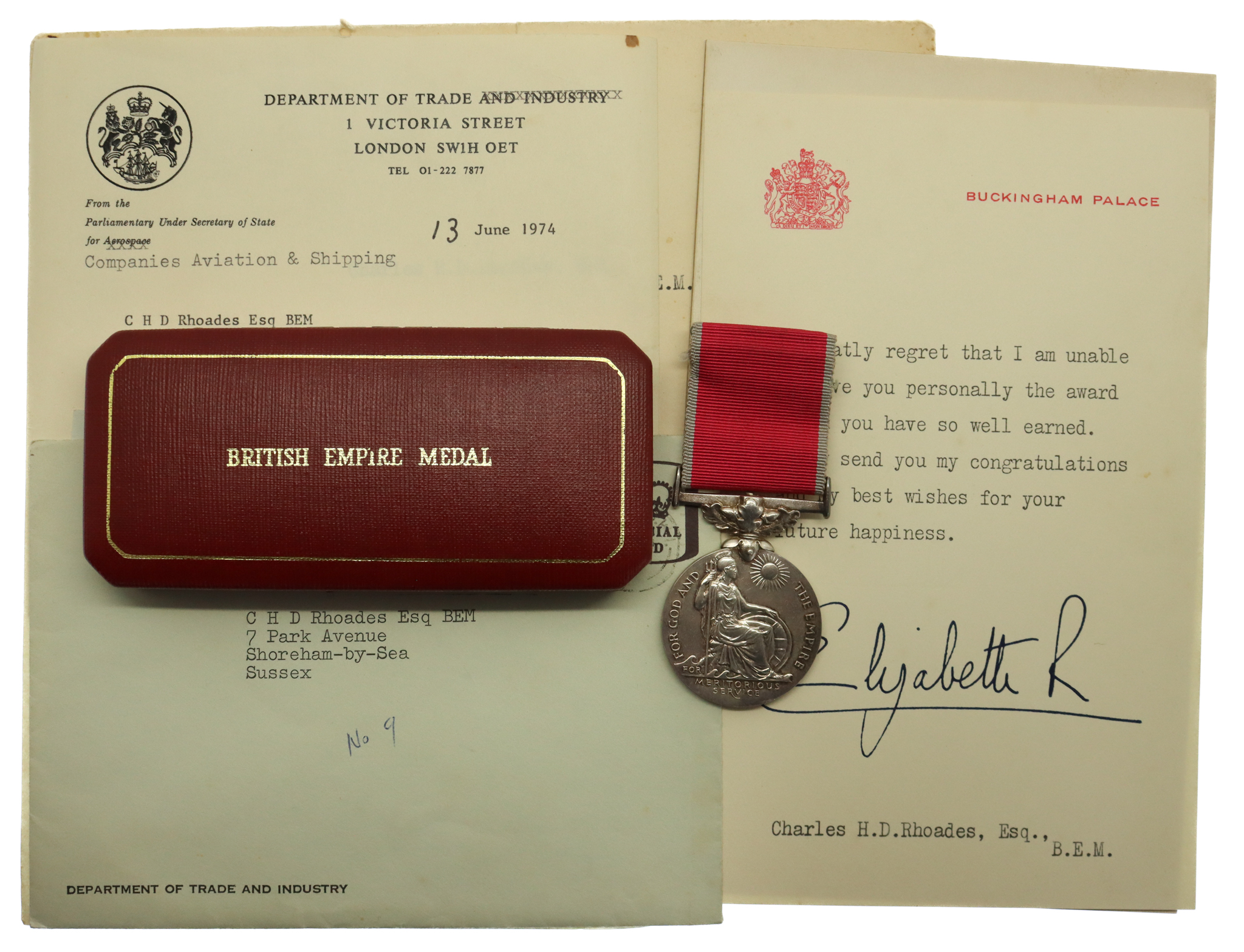 EIIR British Empire Medal (Civil) - Charles Henry David Rhoades (For Services to Export)