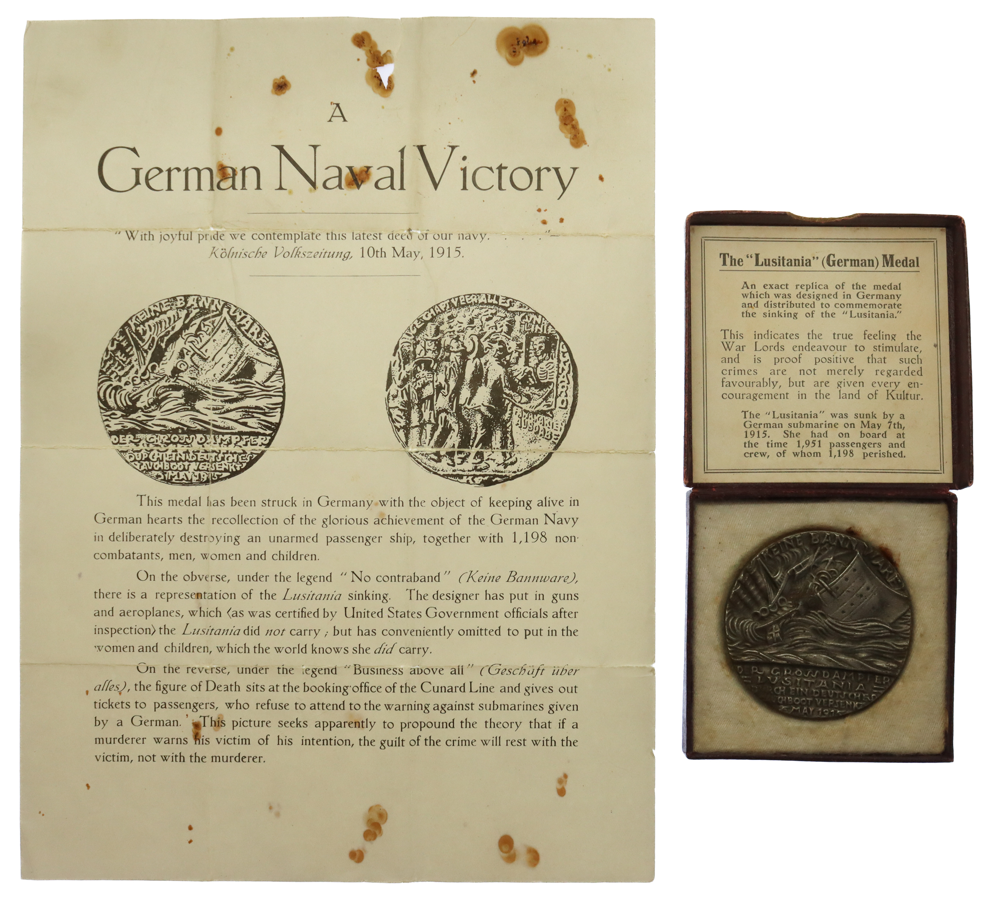 WW1 Lusitania Medal 1915 with Box and Certificate