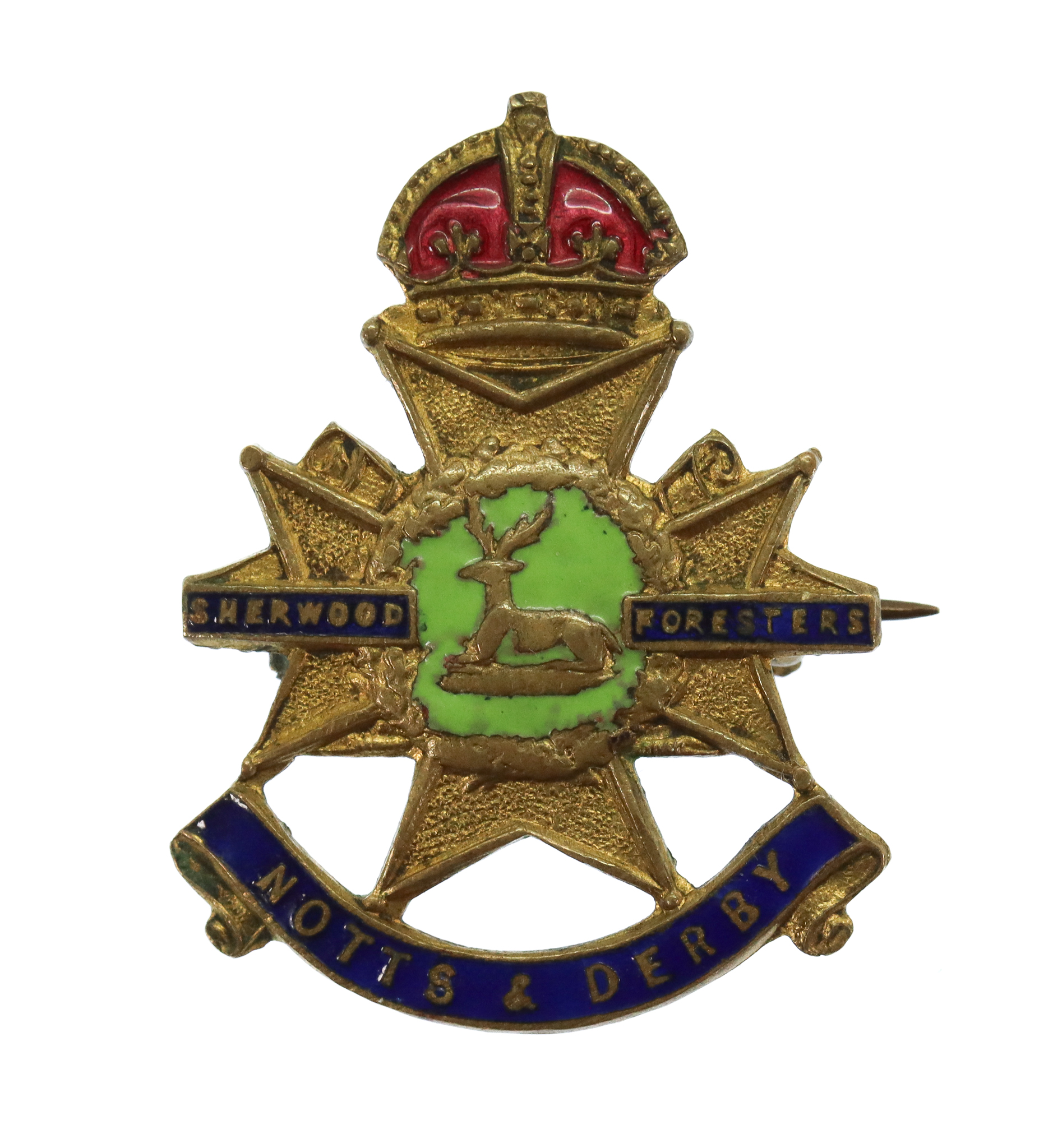 Notts & Derby Regiment (Sherwood Foresters) Enamelled Sweetheart Brooch - King's Crown