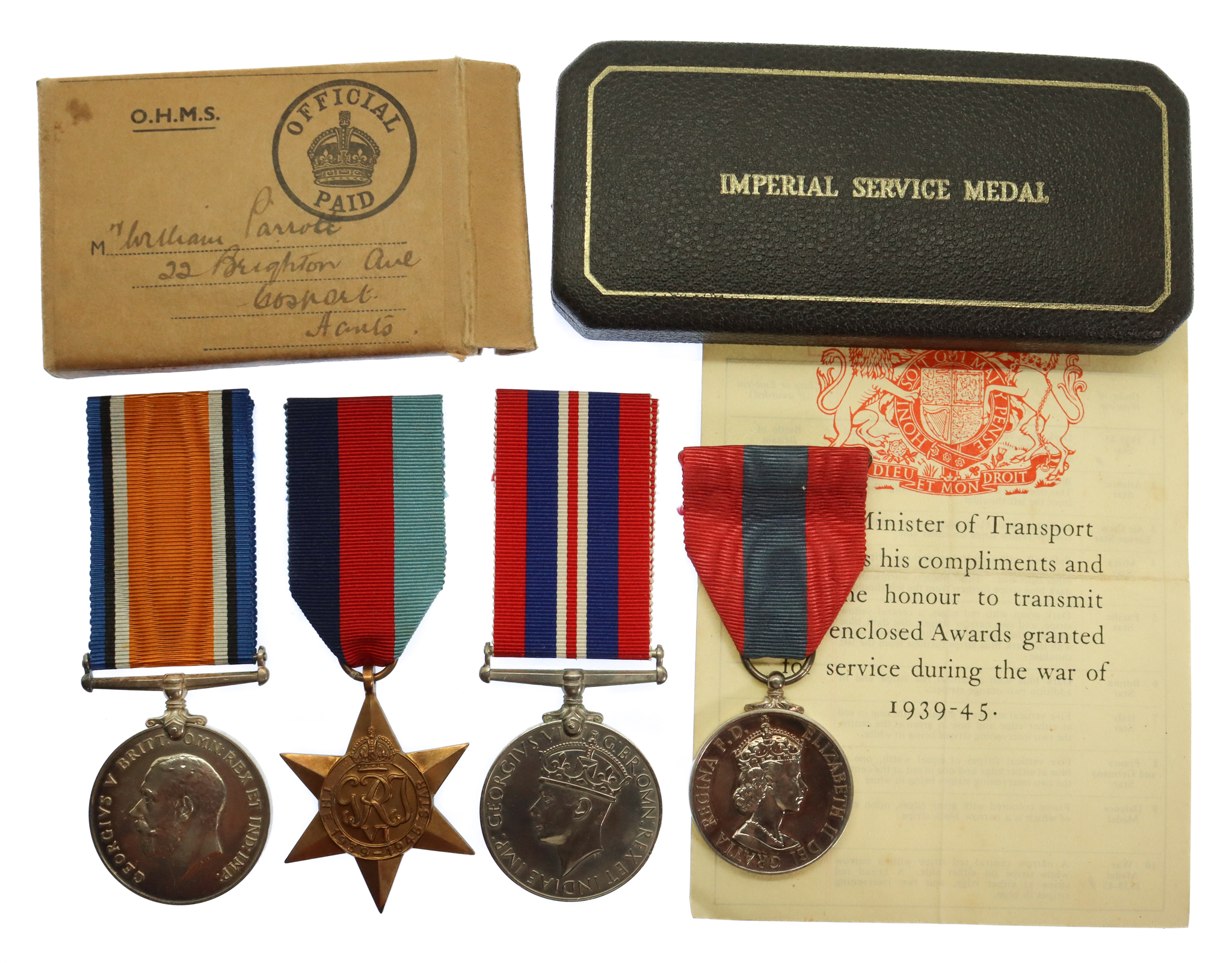 WW1 British War Medal, WW2 1939-45 Star, War Medal 1939-45 and Imperial Service Medal Group of Four - W.H. Parrott, HM Dockyard, Portsmouth