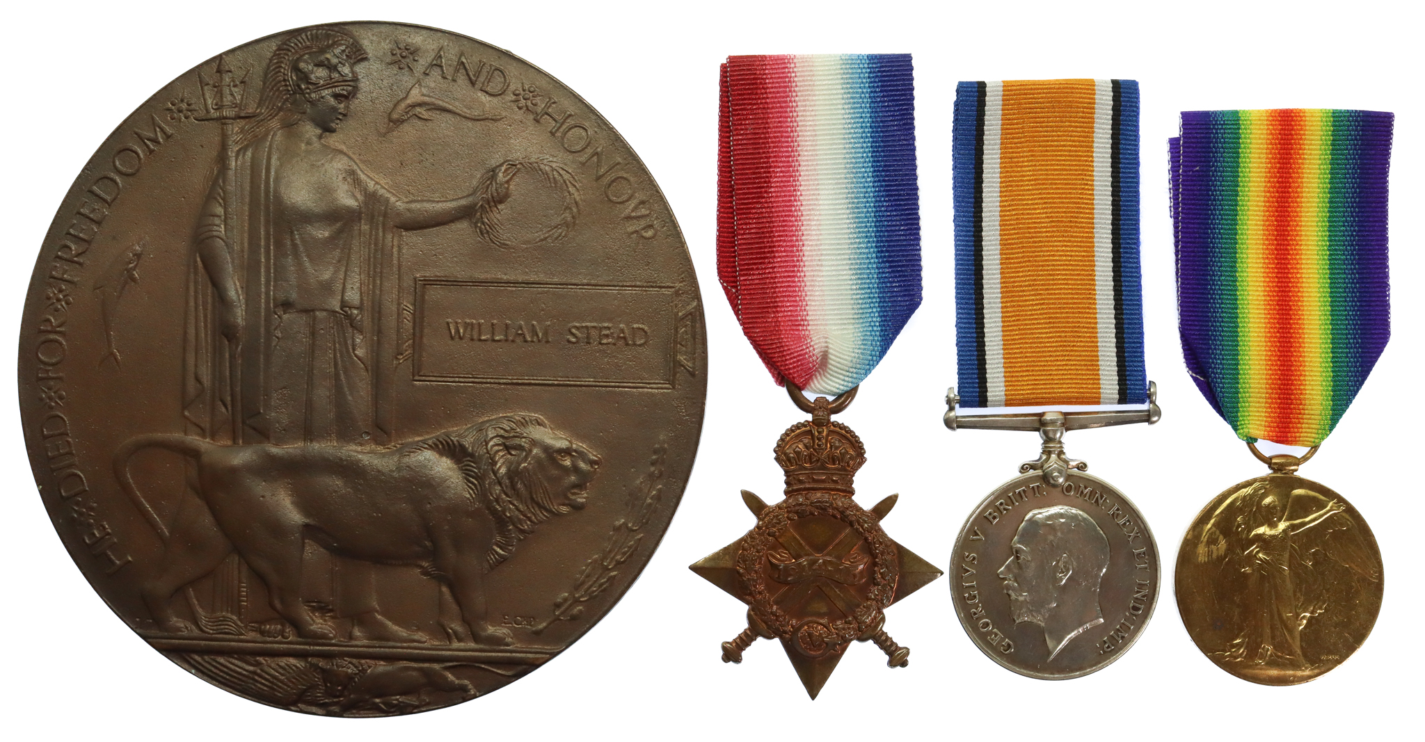 WW1 Gallipoli Casualty 1914-15 Star Medal Trio and Memorial Plaque - Pte. W. Stead, 6th Bn. York & Lancaster Regiment - K.I.A. 12/8/15