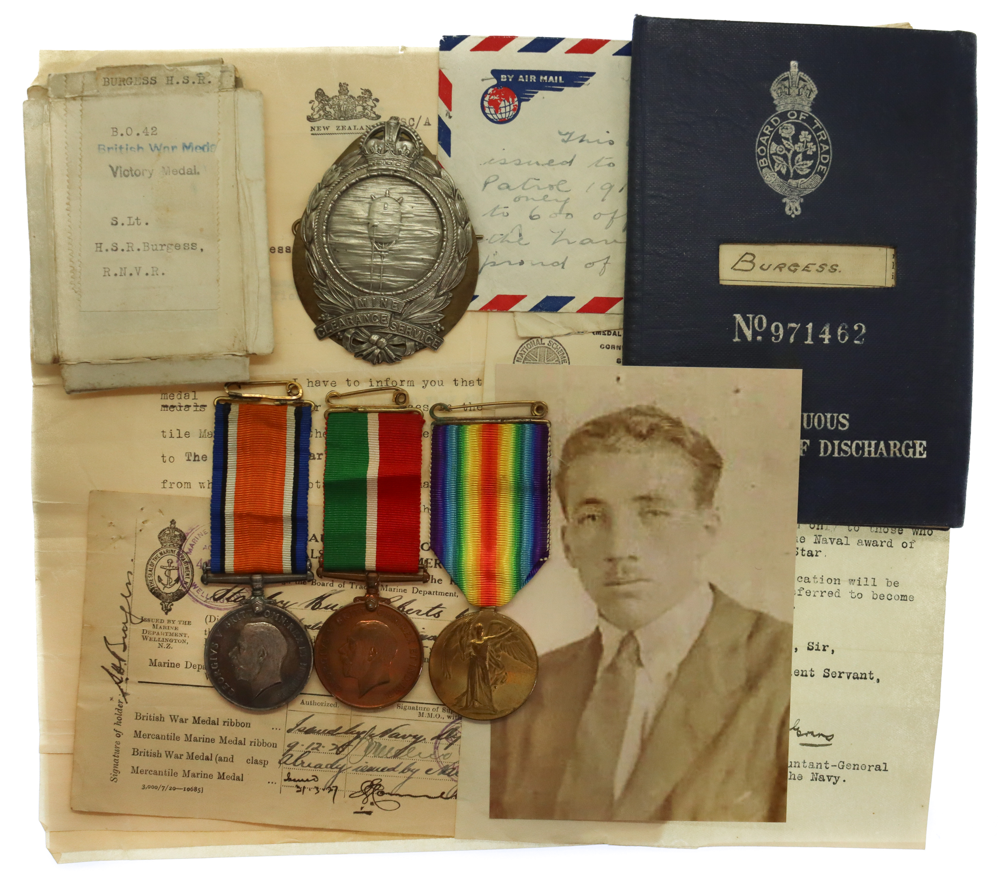 WW1 Mercantile Marine Medal Group with Mine Clearance Service Badge & Original Documents - S.Lt. Stanley Hugo Robert Burgess