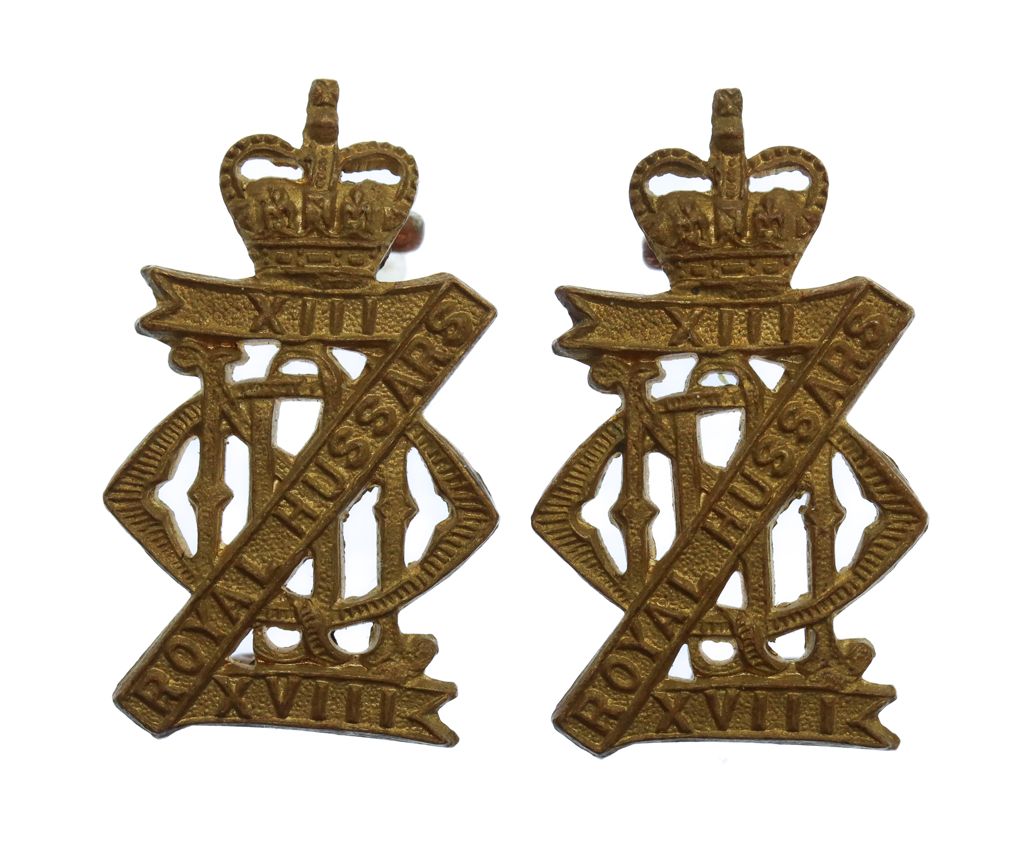 Pair of 13th/18th Royal Hussars Collar Badges - Queen's Crown