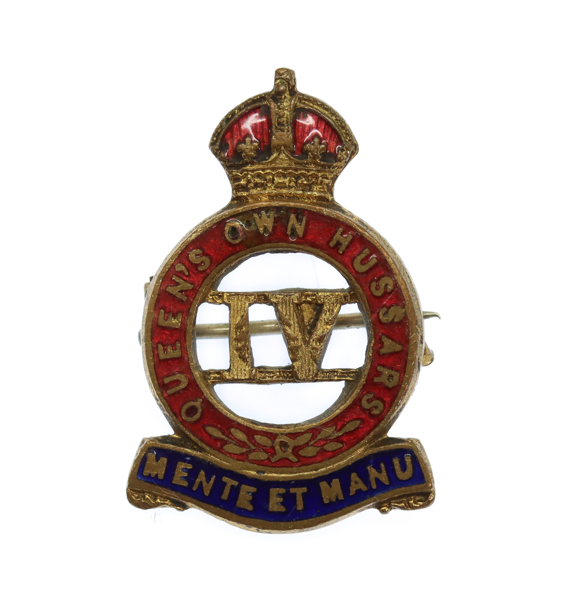 4th Queen's Own Hussars Enamelled Sweetheart Brooch/Lapel Badge - King's Crown