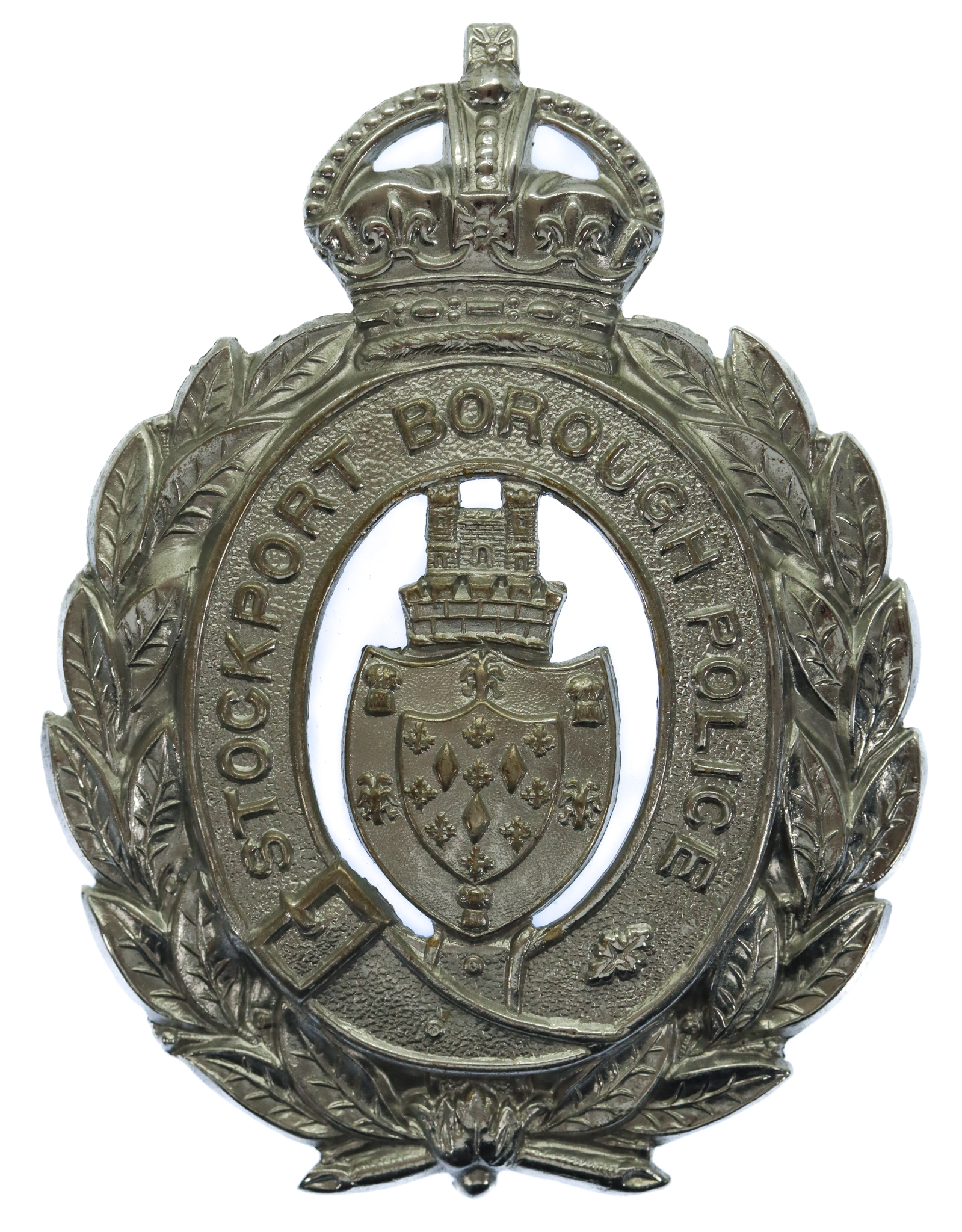 Stockport Borough Police Chrome Wreath Helmet Plate - King's Crown