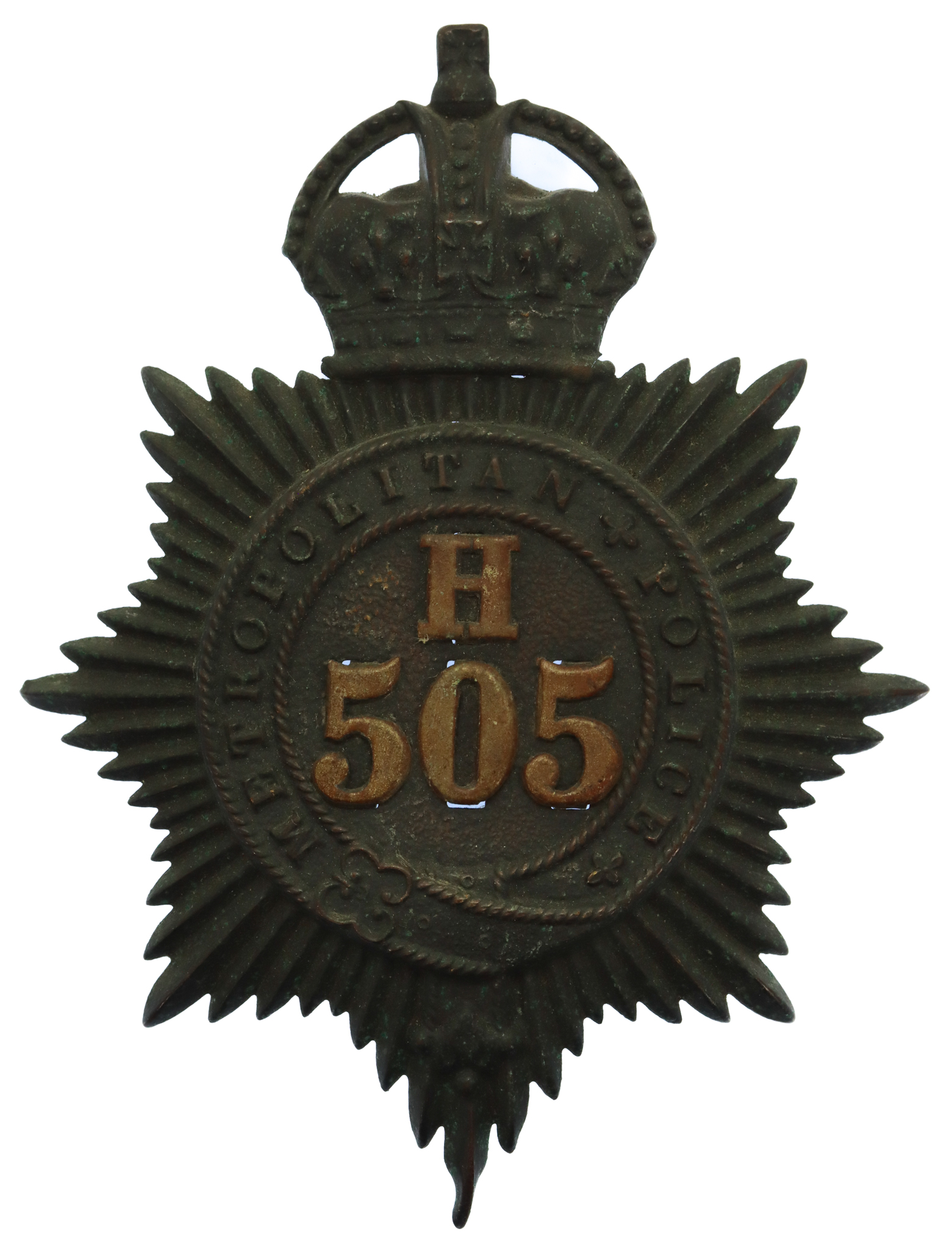 Metropolitan Police 'H' Division (Whitechapel) Helmet Plate - King's Crown