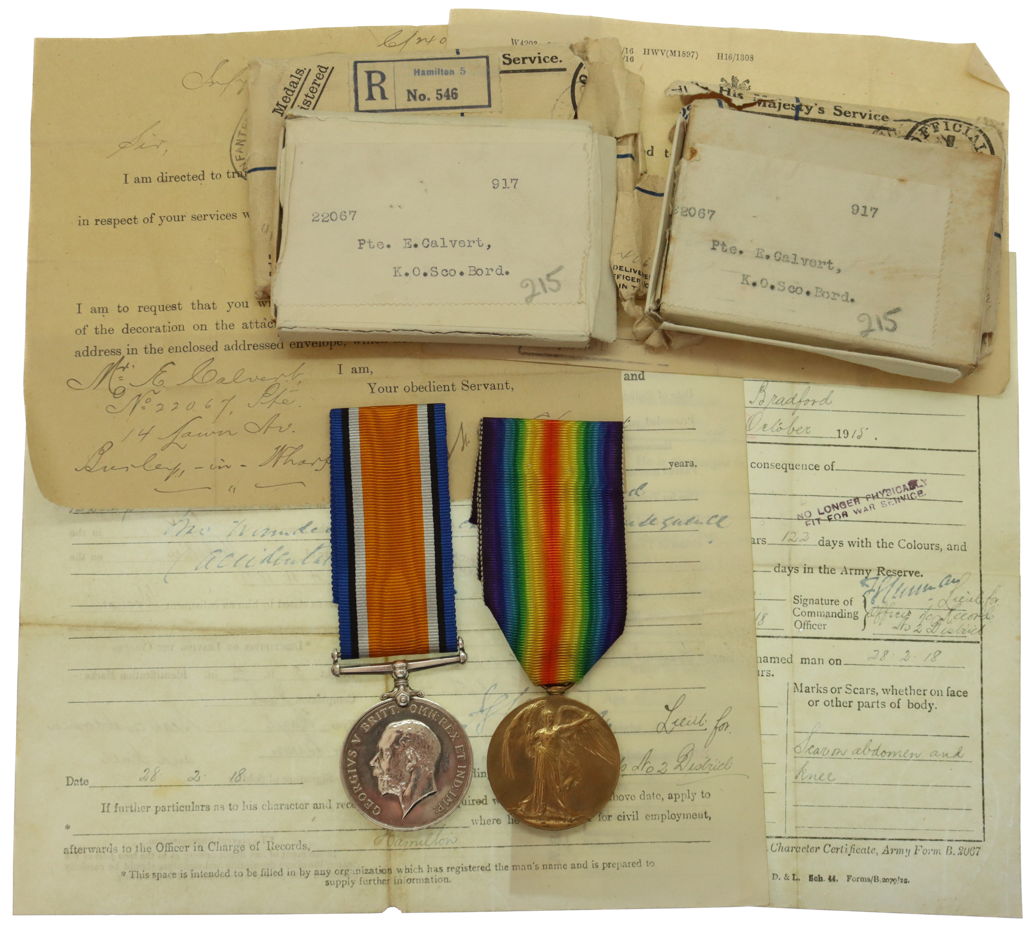 WW1 British War & Victory Medal Pair with Original Boxes of Issue & Documents - Pte. E. Calvert, King's Own Scottish Borderers - Wounded