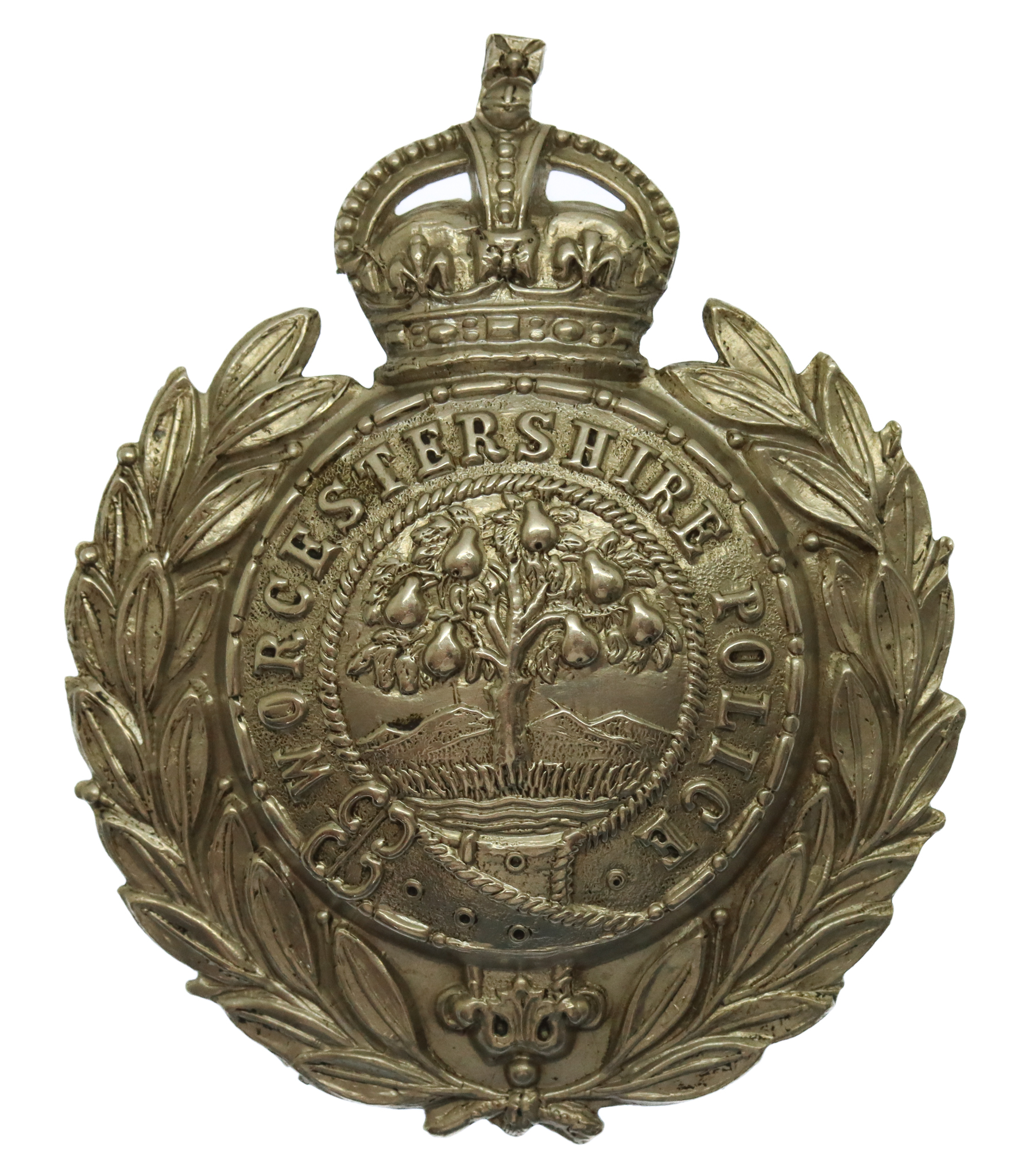 Worcestershire Constabulary White Metal Wreath Cap Badge - King's Crown