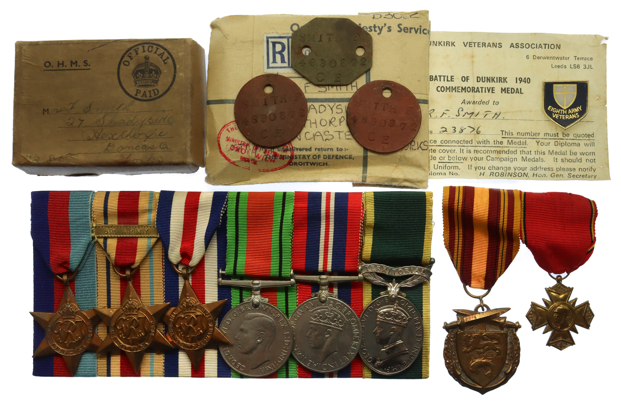 WW2 Territorial Efficiency Medal and Dunkirk Medal Group of Eight - Gnr. F. Smith, Royal Artillery