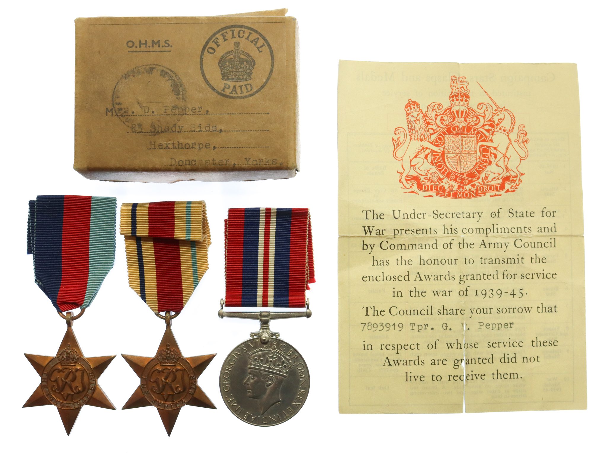 WW2 Corinth Canal Casualty Medal Group of Three with Box of Issue & Condolence Slip - Tpr. G.P. Pepper, 4th Queen's Own Hussars (Royal Armoured Corps) - K.I.A. 26/4/1941