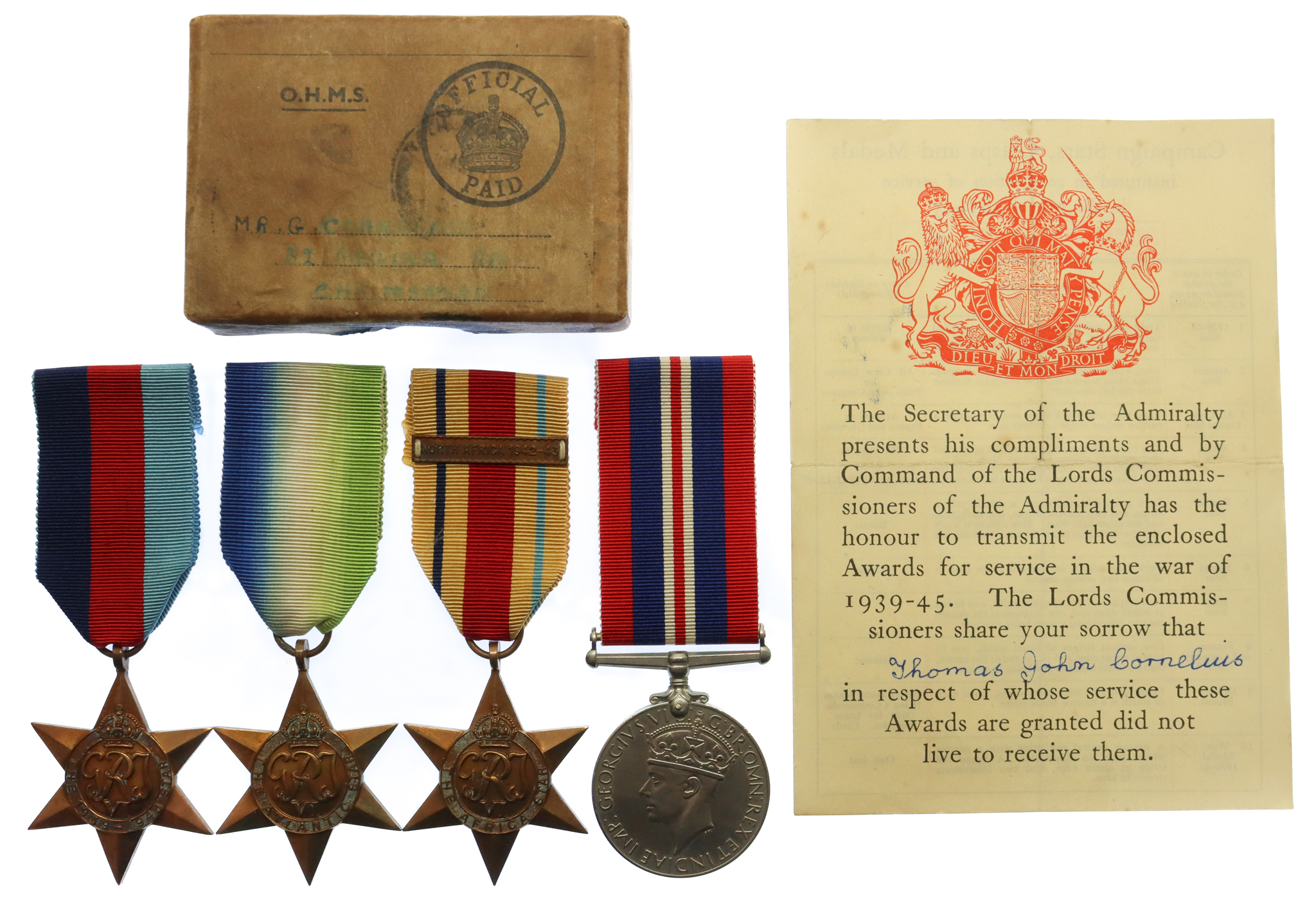 WW2 HMS Welshman Casualty Medal Group of Four - Leading Seaman T.J. Cornelius, Royal Navy - K.I.A. 1/2/1943
