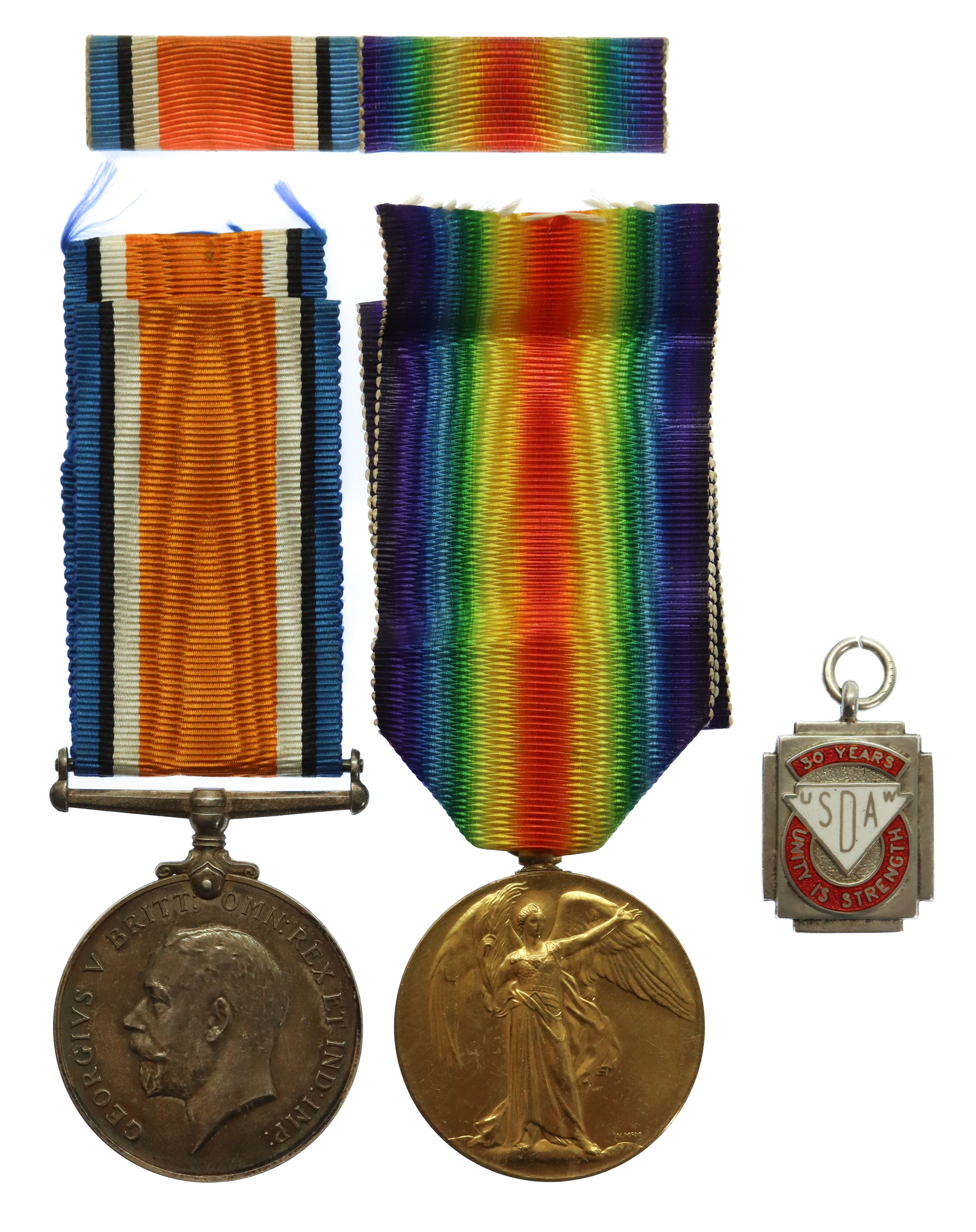 WW1 British War & Victory Medal Pair and Hallmarked Silver USDAW Membership Fob - Cpl. A. Armitage, York & Lancaster Regiment