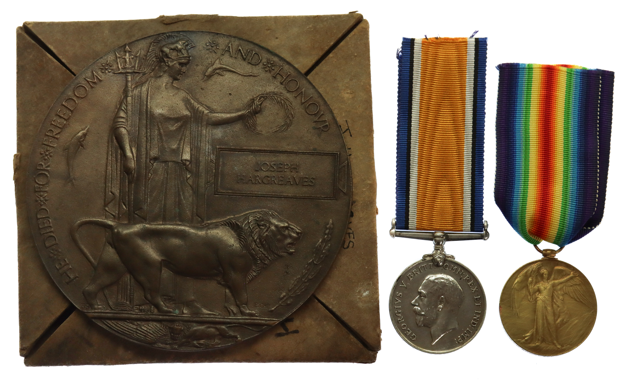 WW1 'Barnsley Pals' British War Medal, Victory Medal and Memorial Plaque - Pte. J. Hargreaves, 13th (1st Barnsley Pals) Bn. York & Lancaster Regiment - K.I.A. 17/7/1916