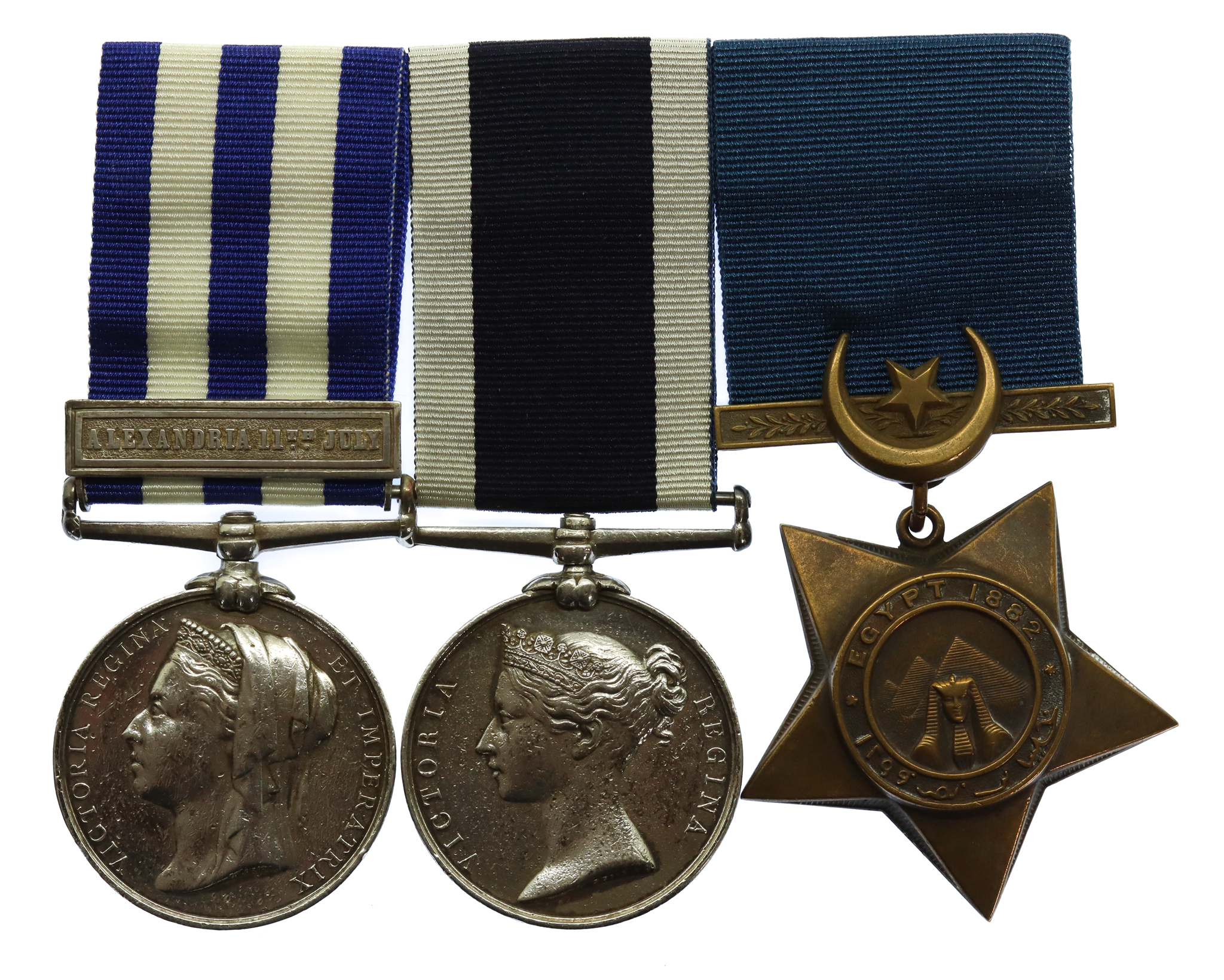 Egypt Medal (Clasp - Alexandria 11th July) and Royal Navy Long Service & Good Conduct Medal Group of Three - Armourer W.E. Groves, Royal Navy