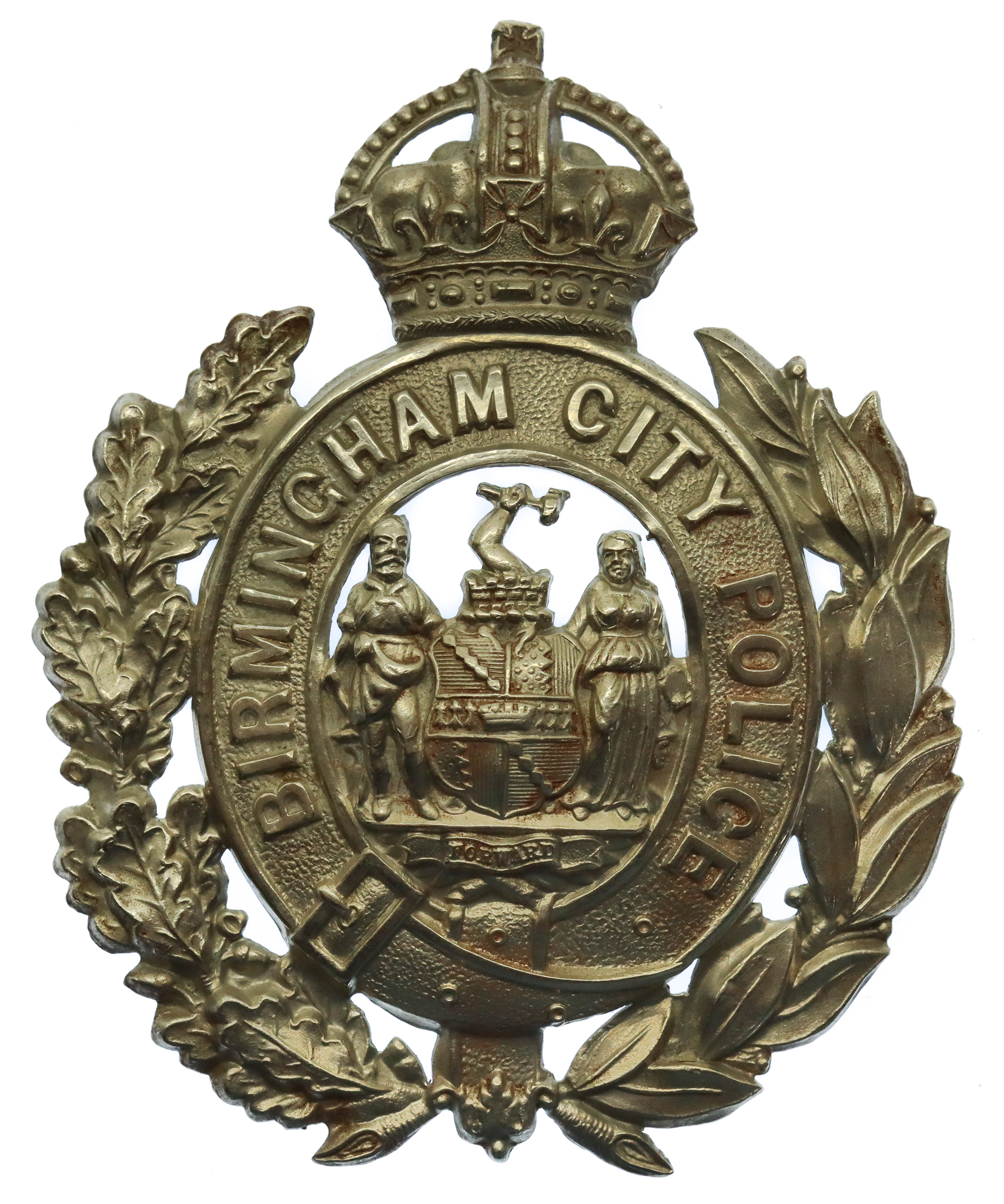 Birmingham City Police White Metal Wreath Helmet Plate - King's Crown