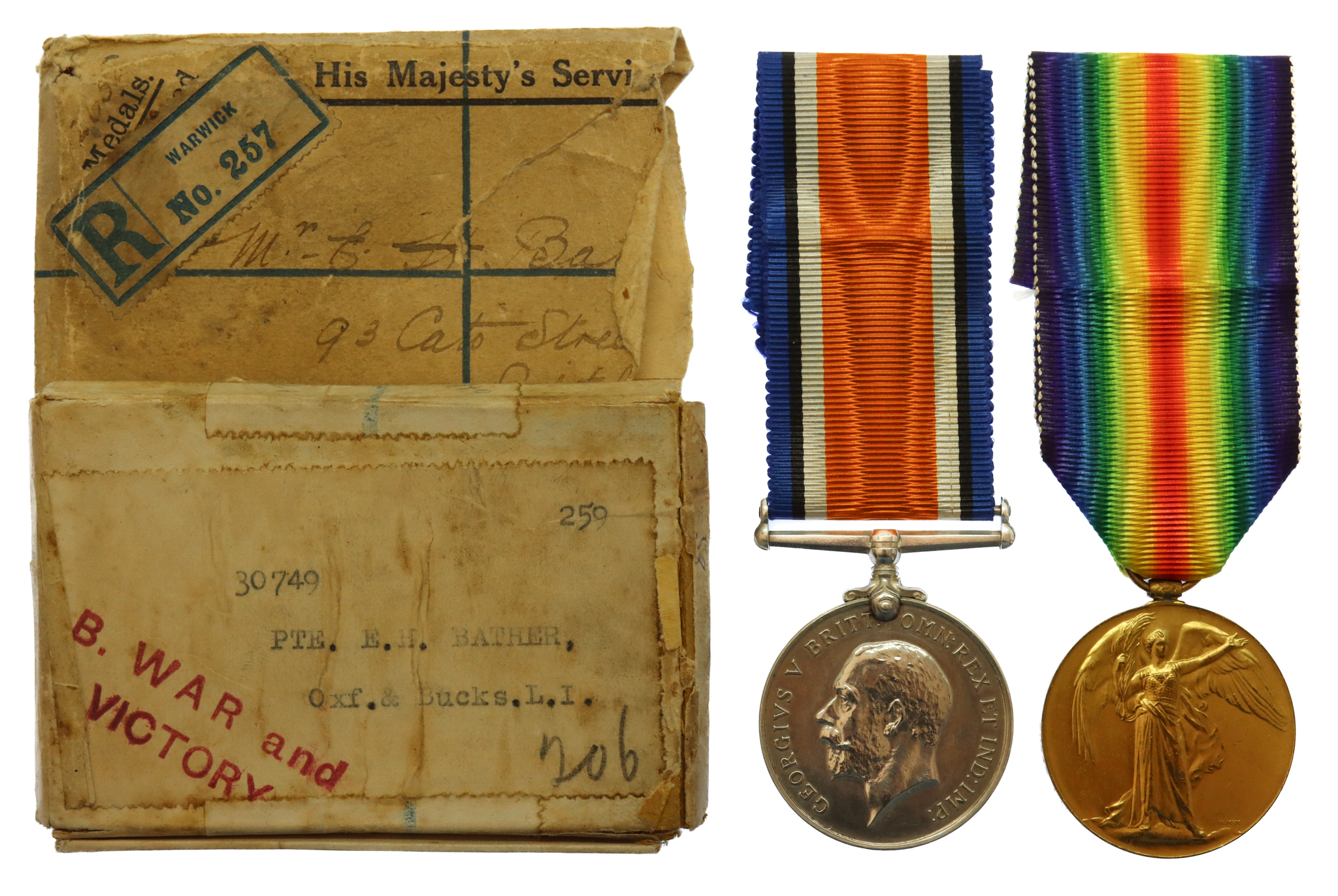 WW1 British War & Victory Medal Pair with Box of Issue - Pte. E.H. Bather, Oxfordshire & Buckinghamshire Light Infantry - Wounded in Action