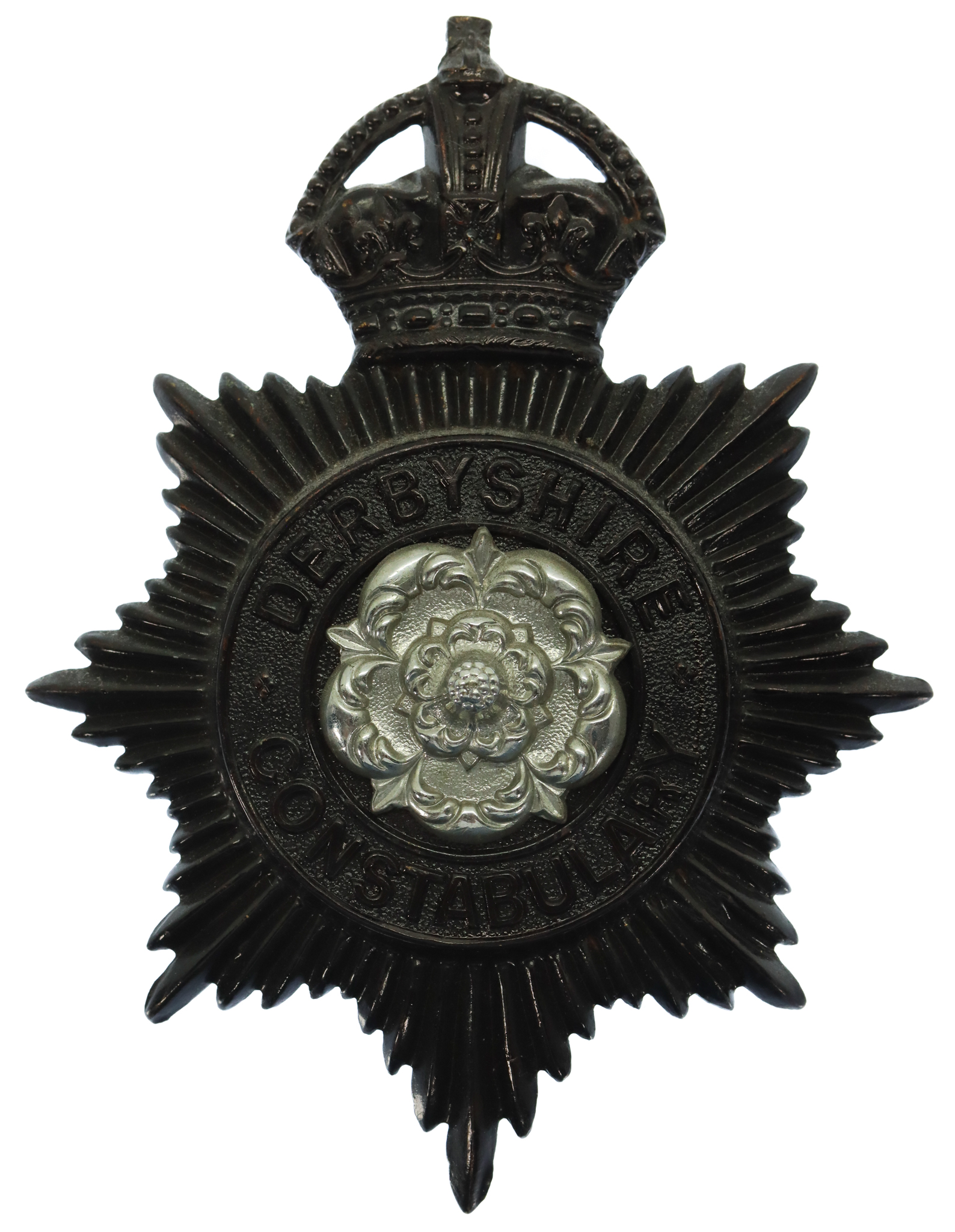 Derbyshire Constabulary Black Helmet Plate with Rose Centre - King's Crown