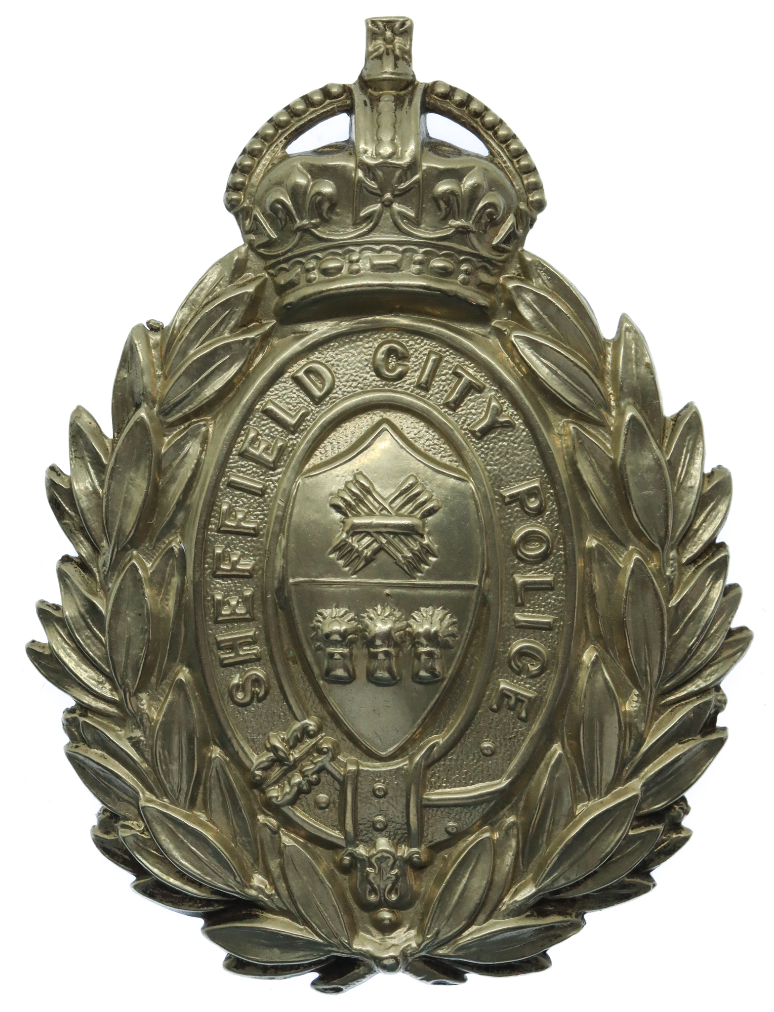 Sheffield City Police White Metal Wreath Helmet Plate - King's Crown