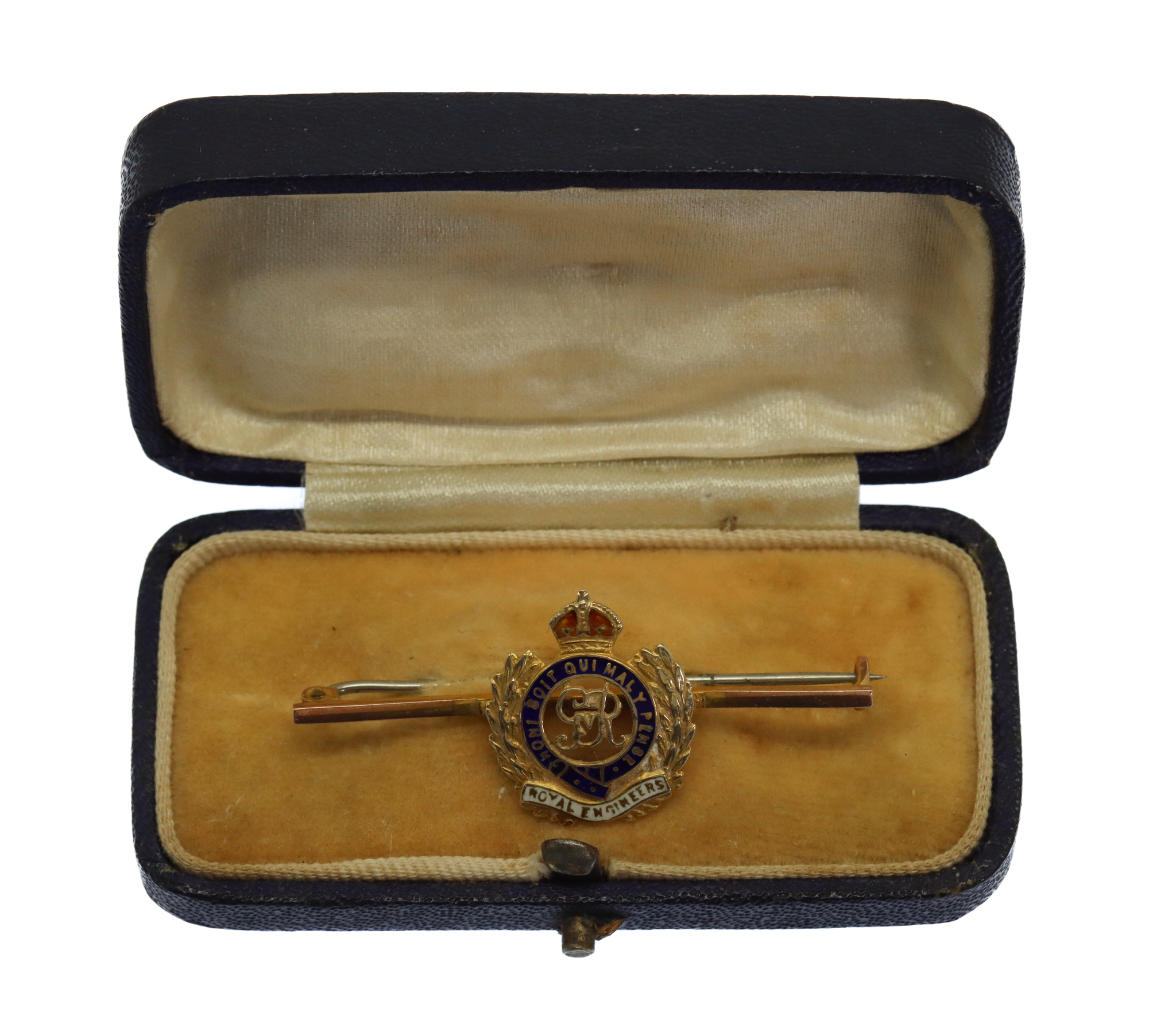 George V Royal Engineers 9 ct Gold & Enamel Sweetheart Brooch in Box