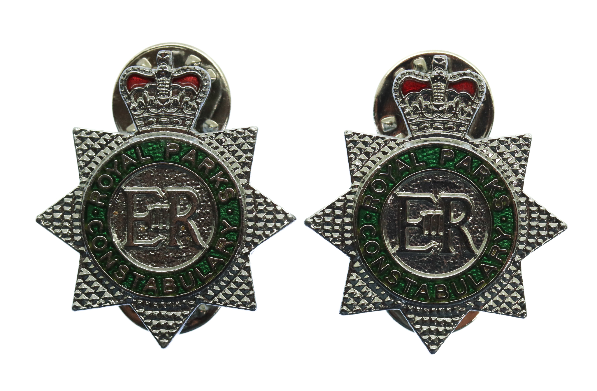 Pair of Royal Parks Constabulary Enamelled Collar Badges - Queen's Crown