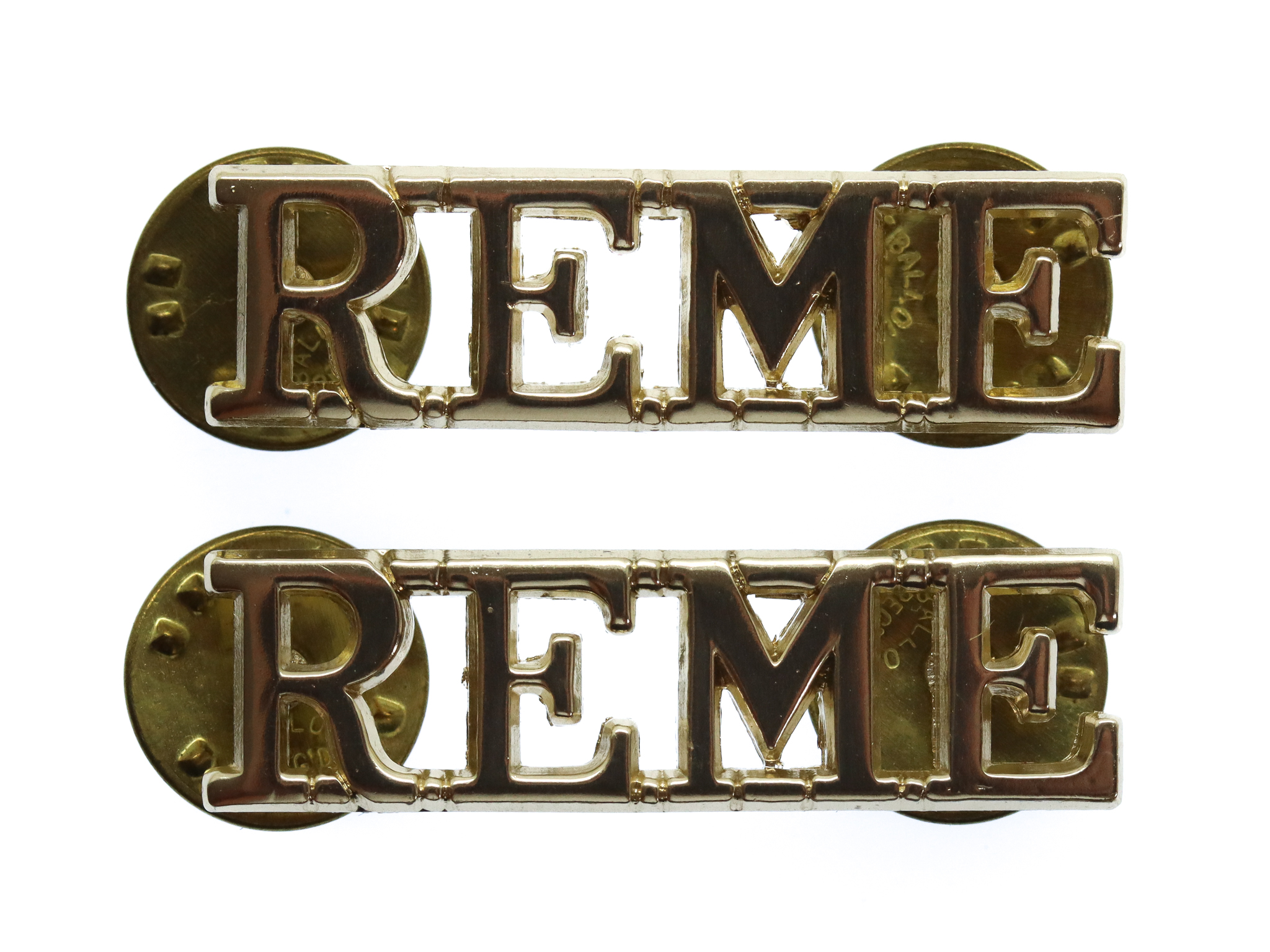 Pair of Royal Electrical & Mechanical Engineers (R.E.M.E.) Anodised (Staybrite) Shoulder Titles