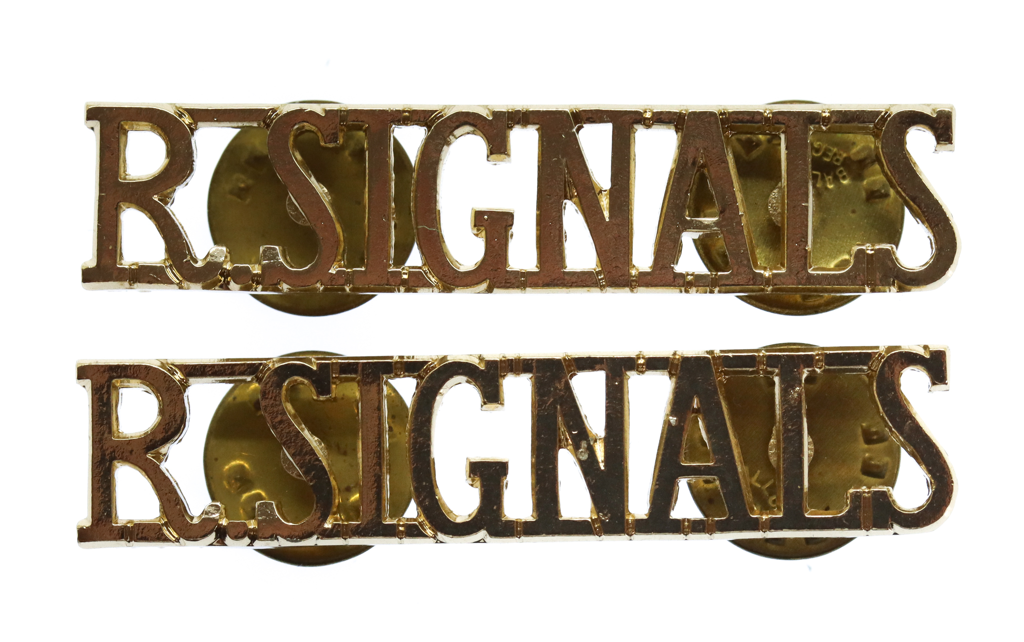 Pair of Royal Signals (R.SIGNALS) Anodised (Staybrite) Shoulder Titles
