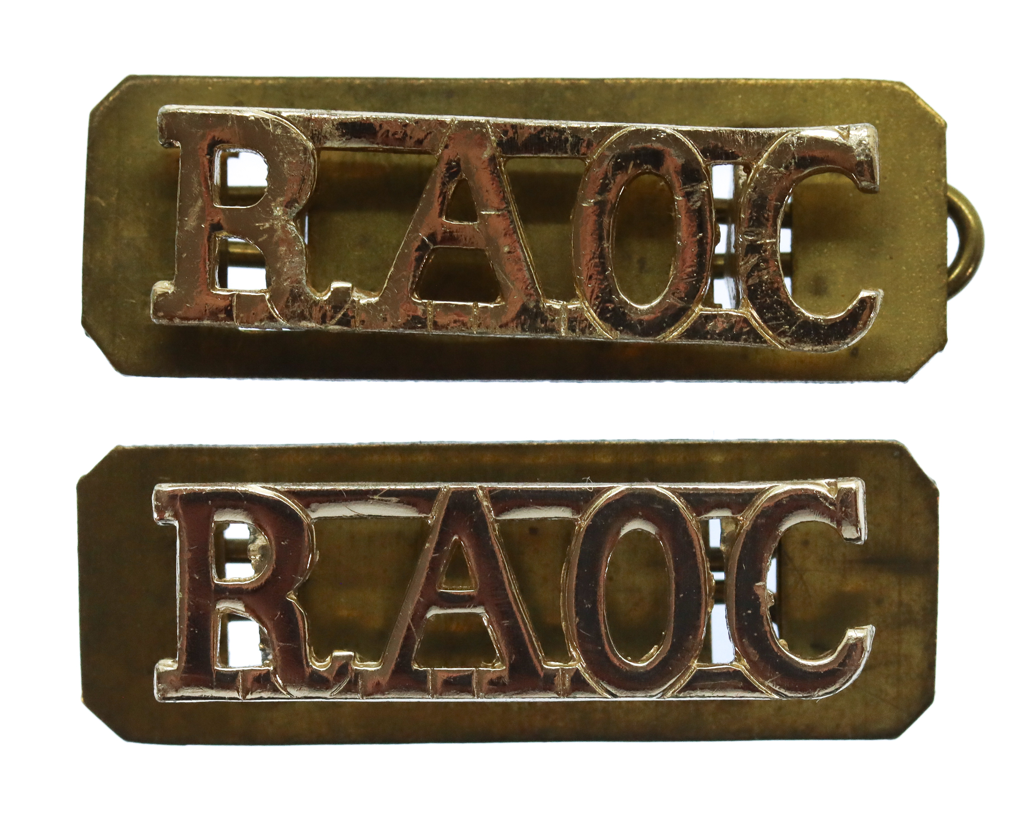 Pair of Royal Army Ordnance Corps (R.A.O.C.) Anodised (Staybrite) Shoulder Titles