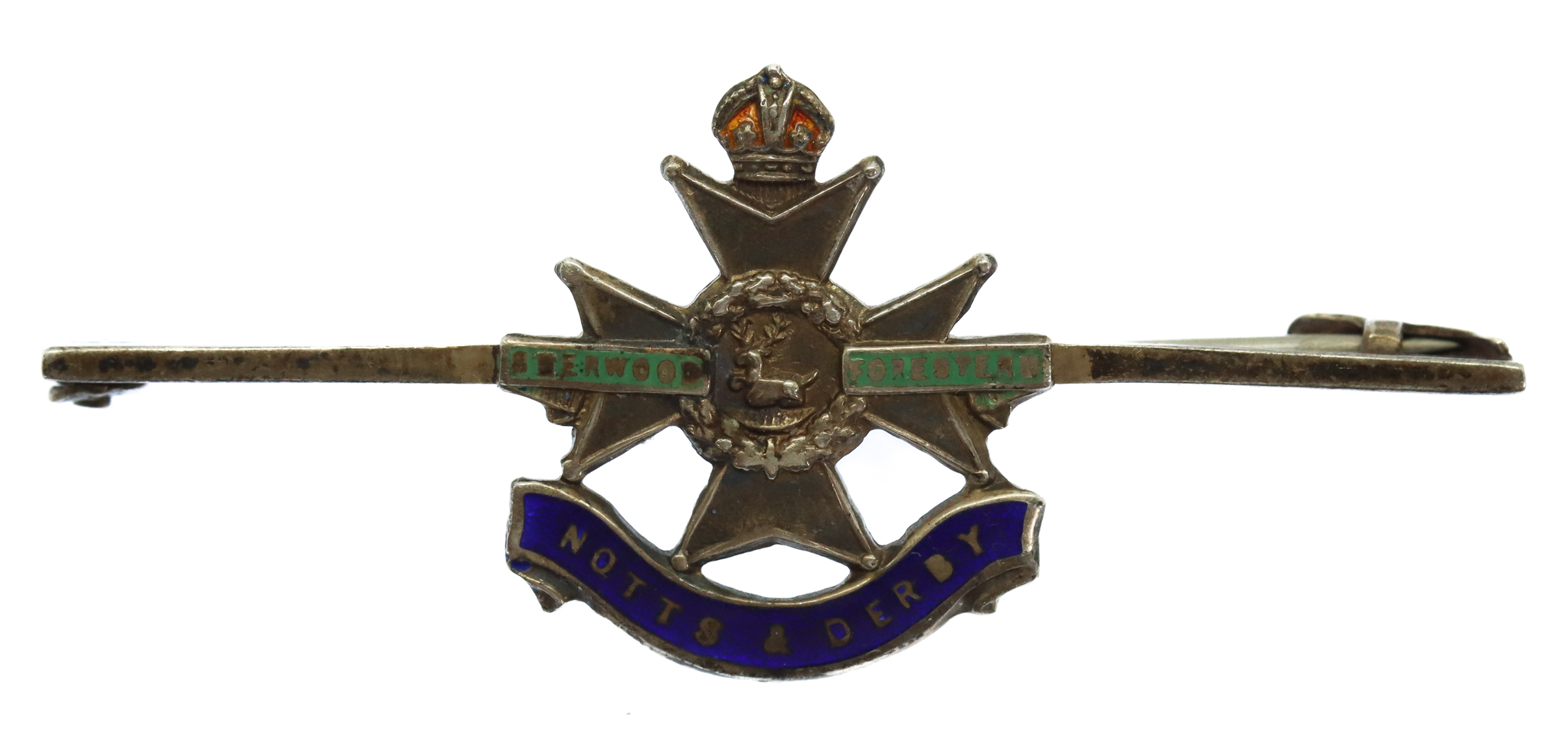 Notts & Derby Regiment (Sherwood Foresters) Sterling Silver & Enamel Sweetheart Brooch - King's Crown