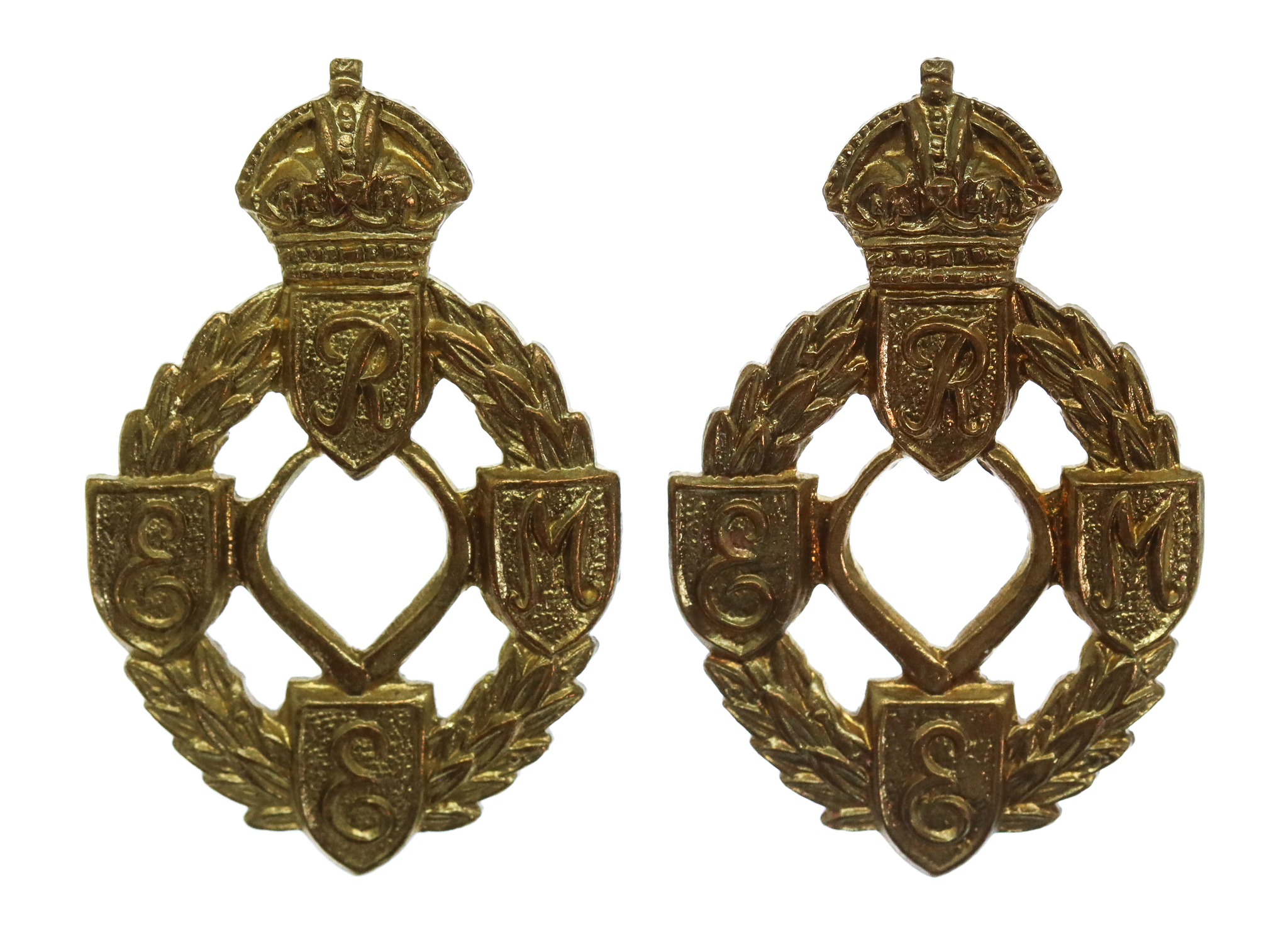 Pair of Royal Electrical & Mechanical Engineers (R.E.M.E.) Collar Badges - King's Crown (1st Pattern)