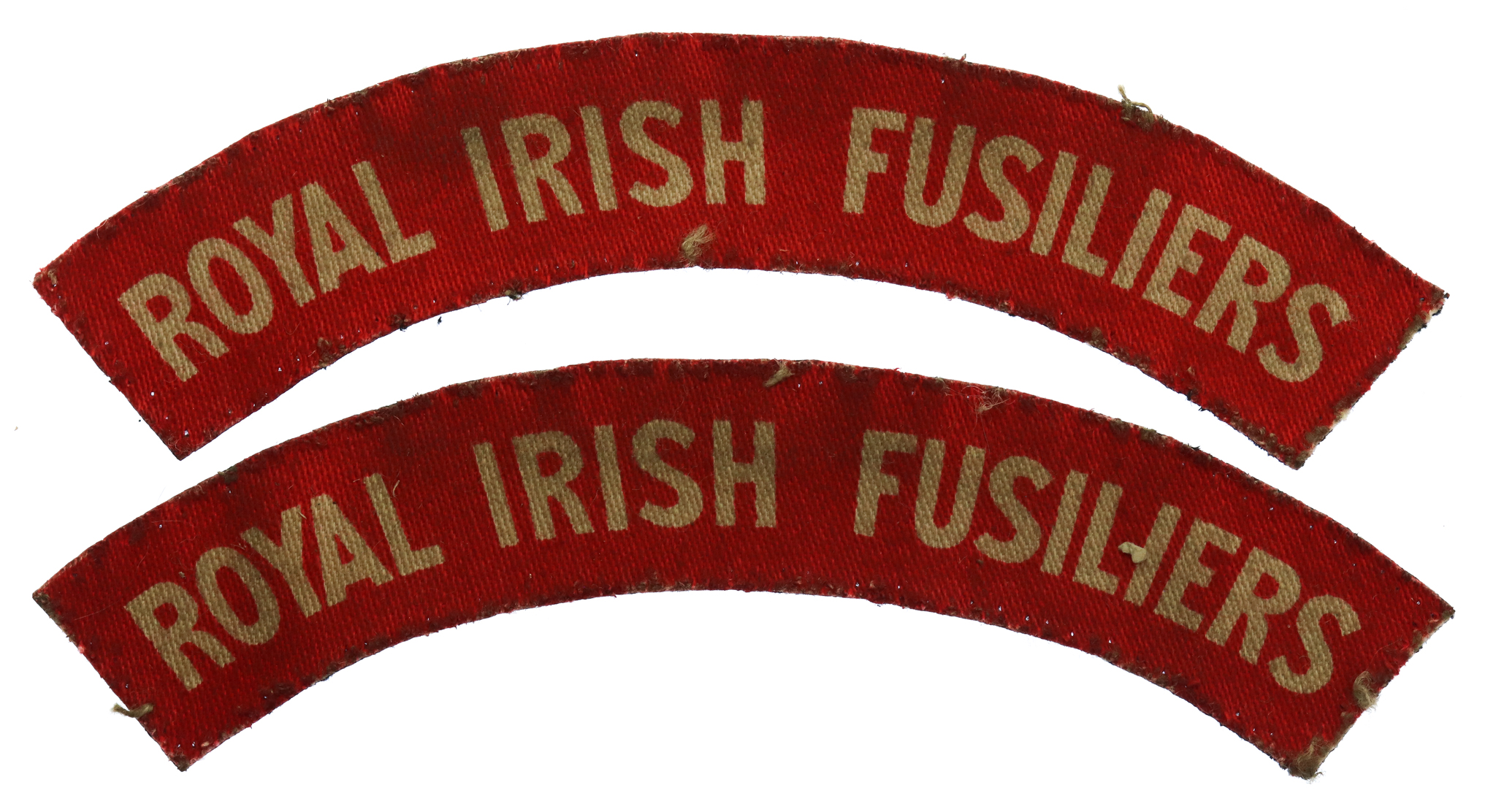 Pair of Royal Irish Fusiliers (ROYAL IRISH FUSILIERS) WW2 Printed Shoulder Titles