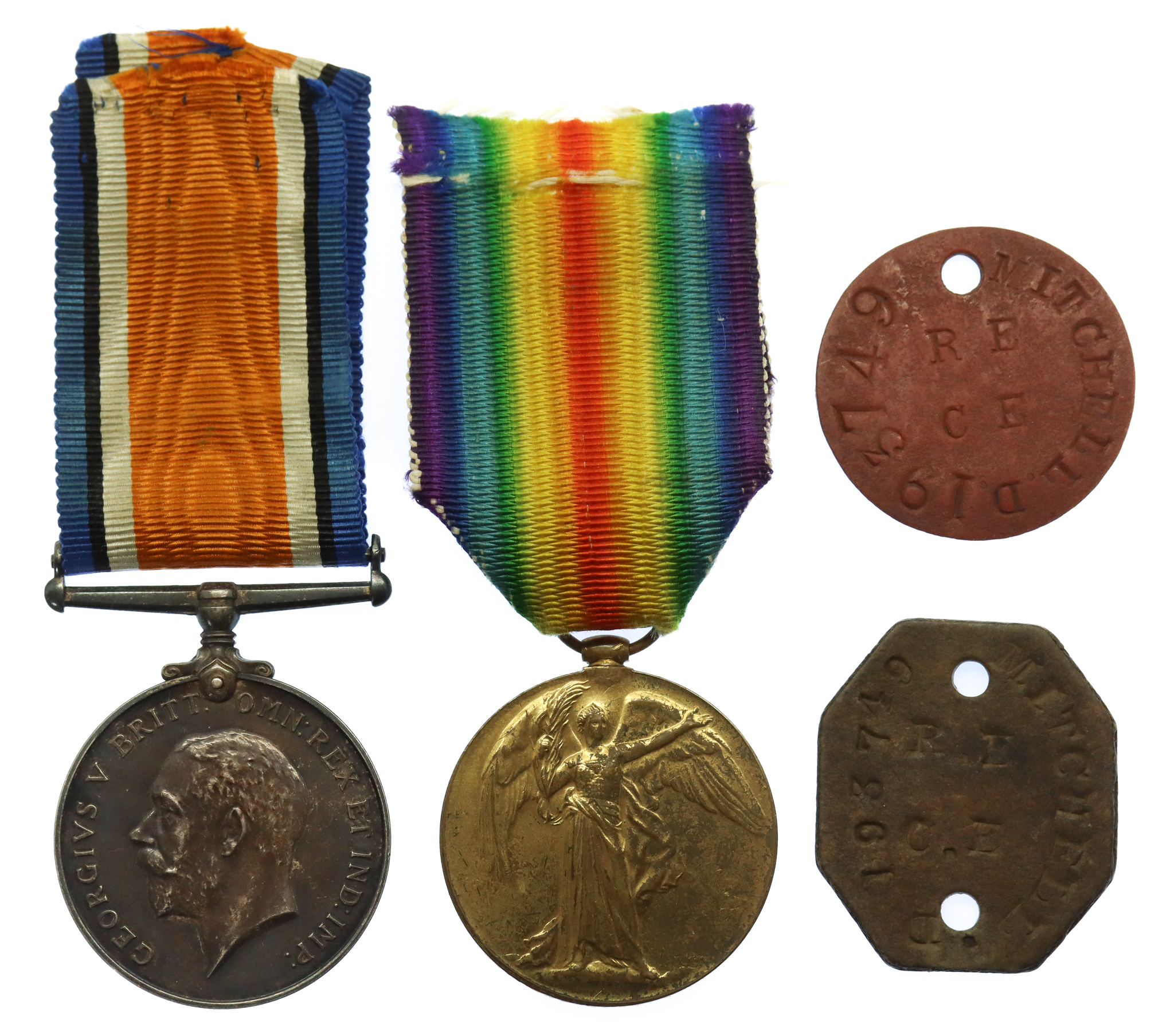 WW1 British War & Victory Medal Pair & Dog Tags - Spr. D. Mitchell, Railway Operating Div. Royal Engineers - Died 12/3/1918