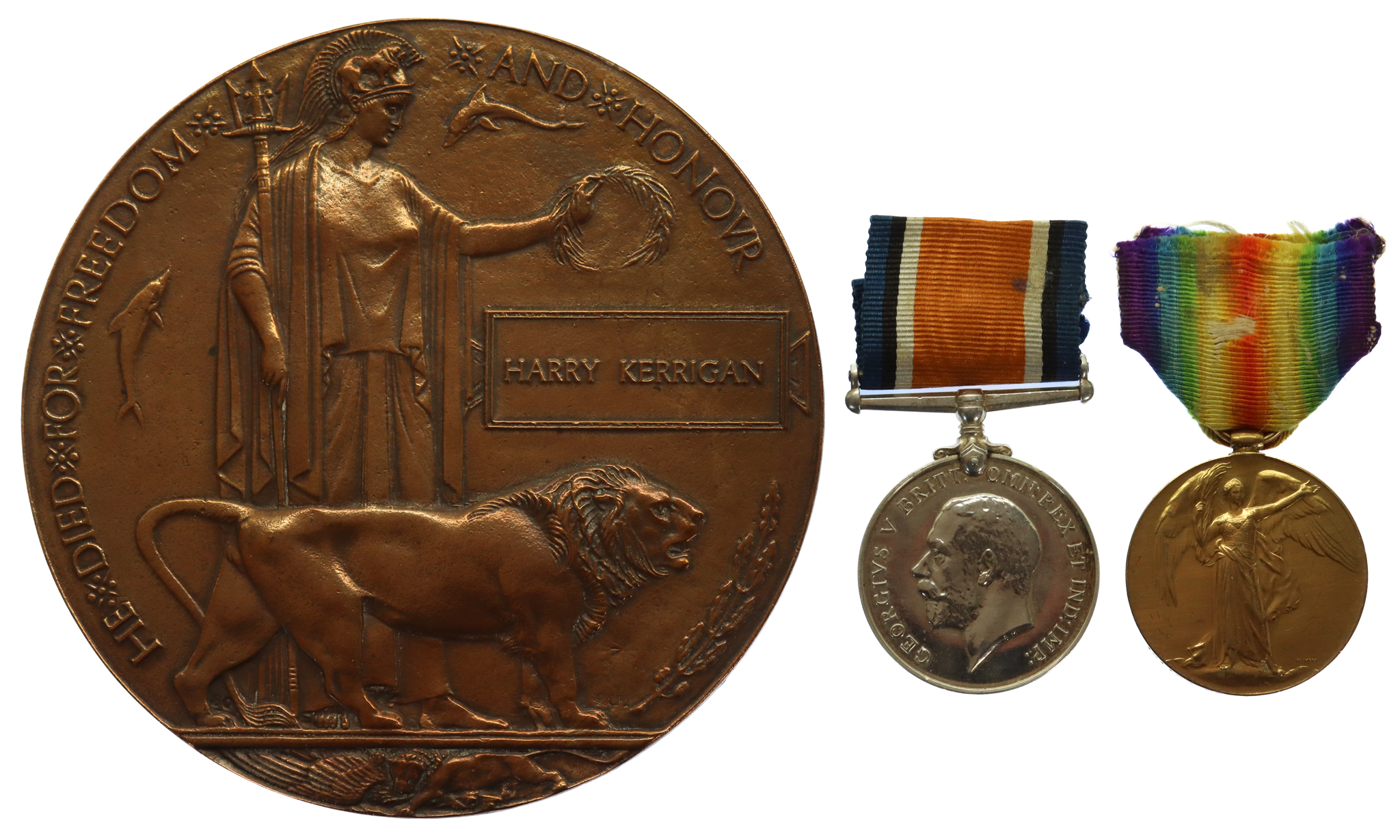WW1 British War Medal, Victory Medal and Memorial Plaque - Spr. H. Kerrigan, 103rd Field Coy. Royal Engineers - K.I.A. 12/2/17