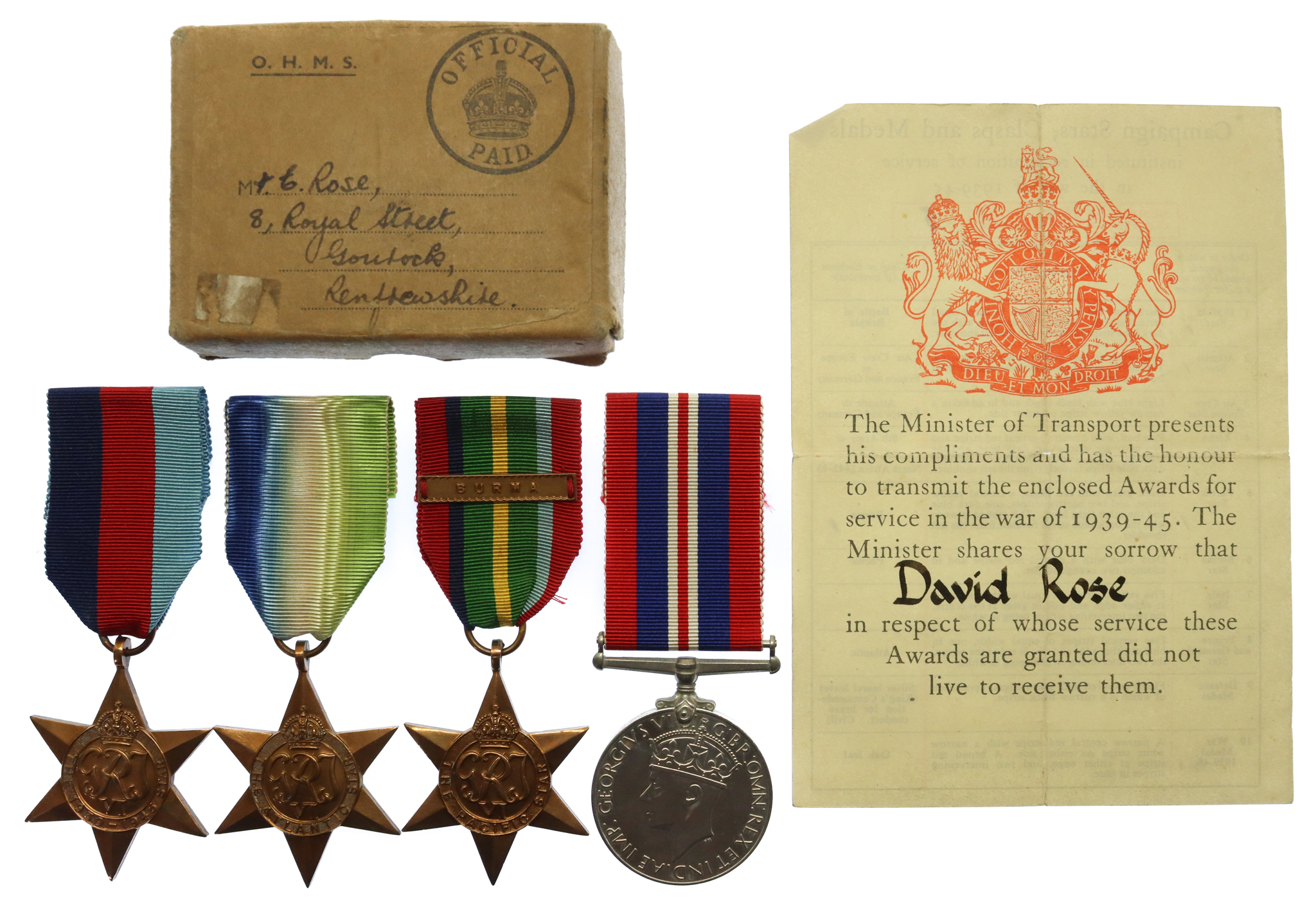 WW2 Merchant Navy Casualty Medal Group of Four - Chief Engineer Officer David Rose, Merchant Navy - K.I.A. 11/11/42