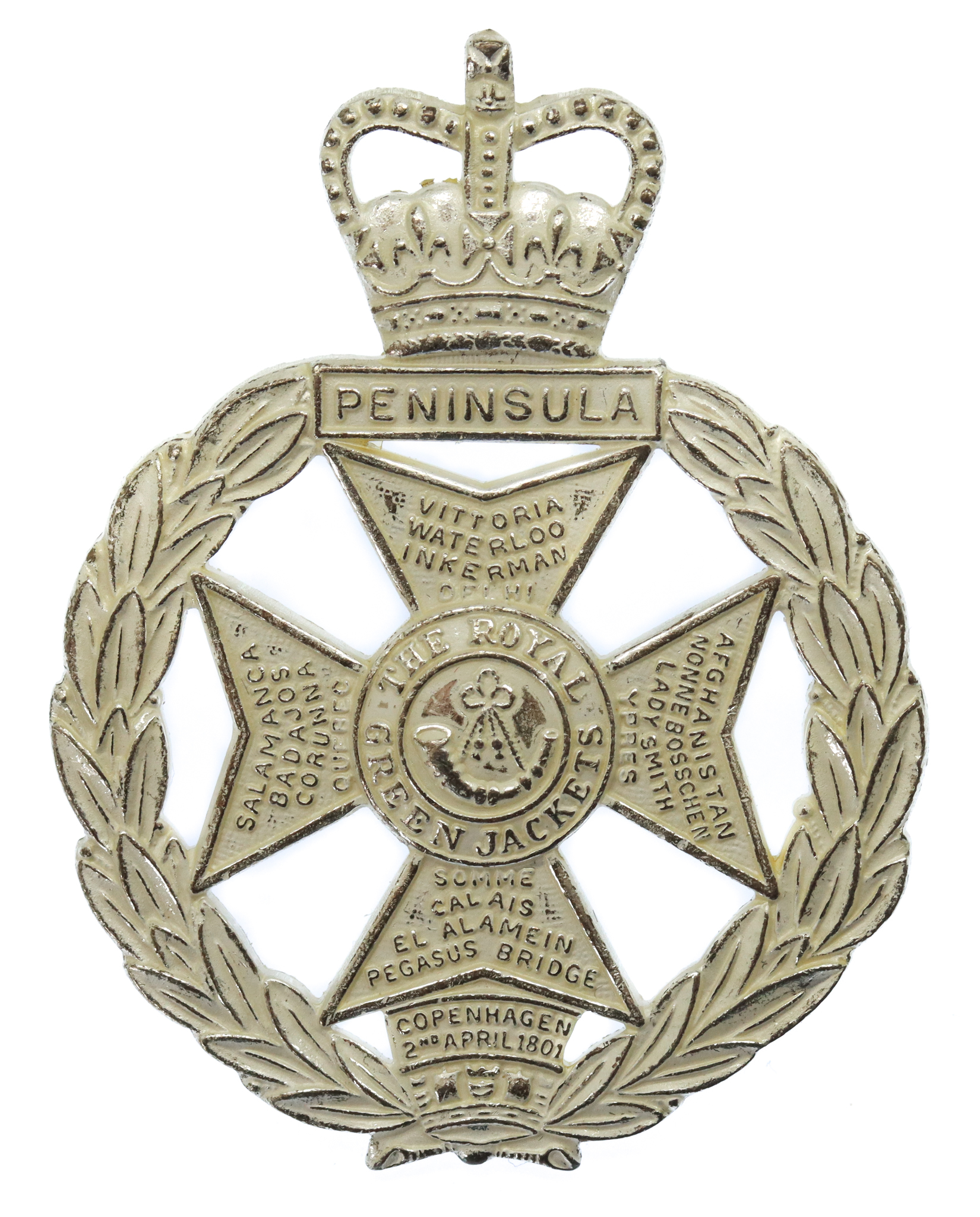 Royal Green Jackets Officer's Silvered Cap Badge - Queen's Crown