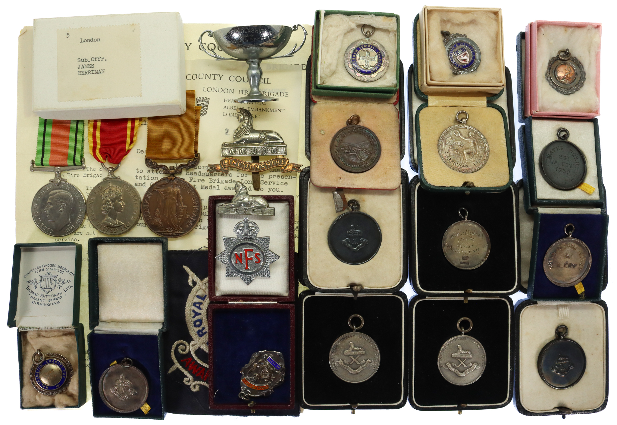 WW2 Defence Medal and Fire Brigade Long Service Medal Group - Sub Officer James Berriman, London Fire Brigade (Previously 1st Bn. Lincolnshire Regiment)