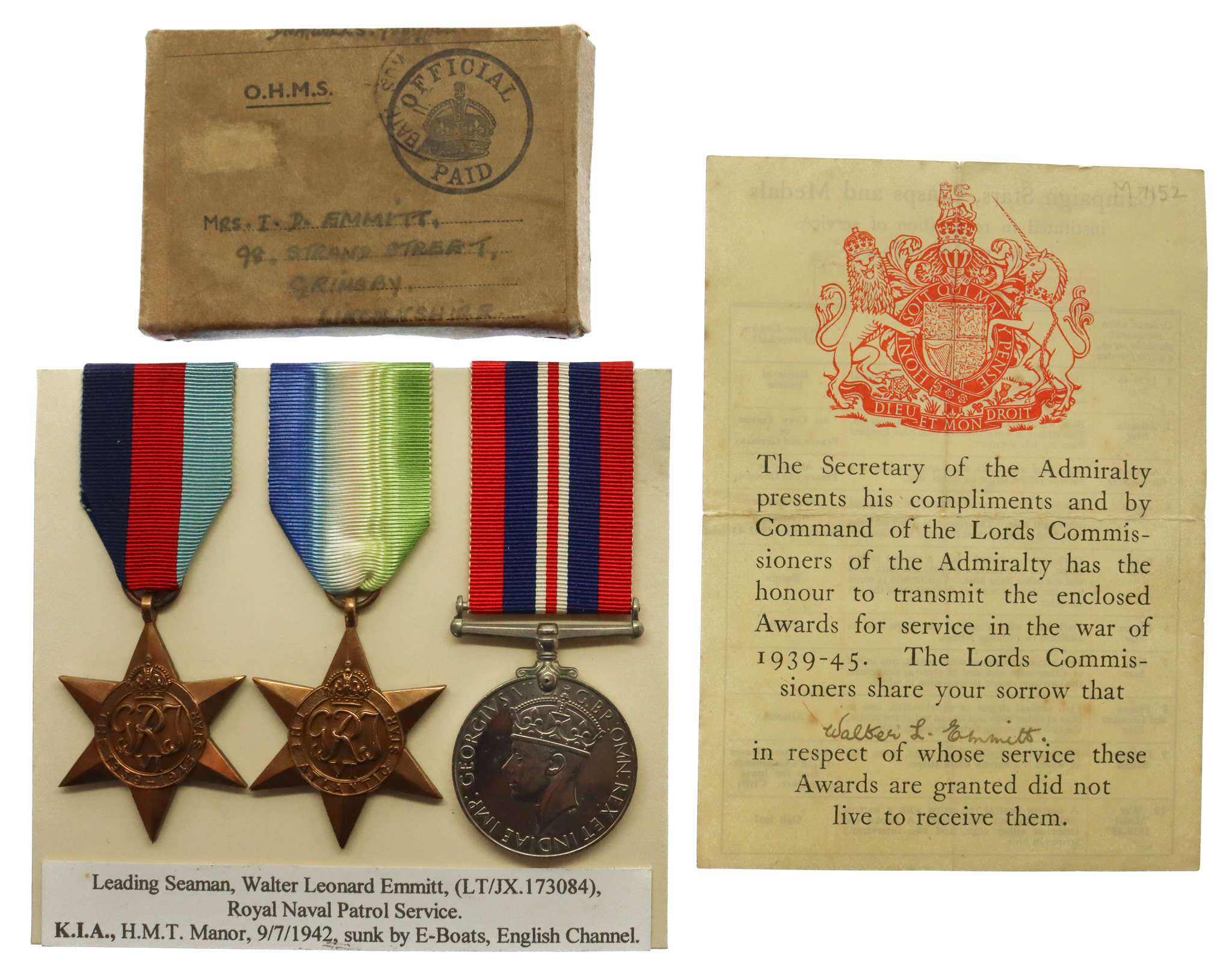 WW2 Casualty Medal Group of Three with Box and Condolence Slip - Leading Seaman W.L. Emmitt, Royal Naval Patrol Service - K.I.A. 9/7/42