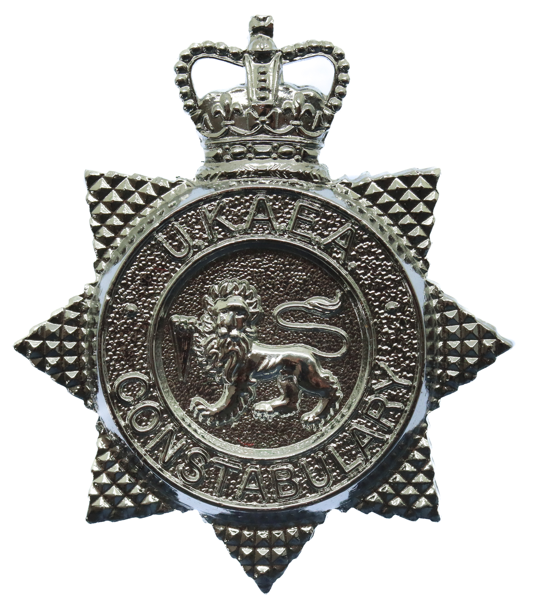 United Kingdom Atomic Energy Authority (U.K.A.E.A.) Constabulary Chrome Star Cap Badge - Queen's Crown