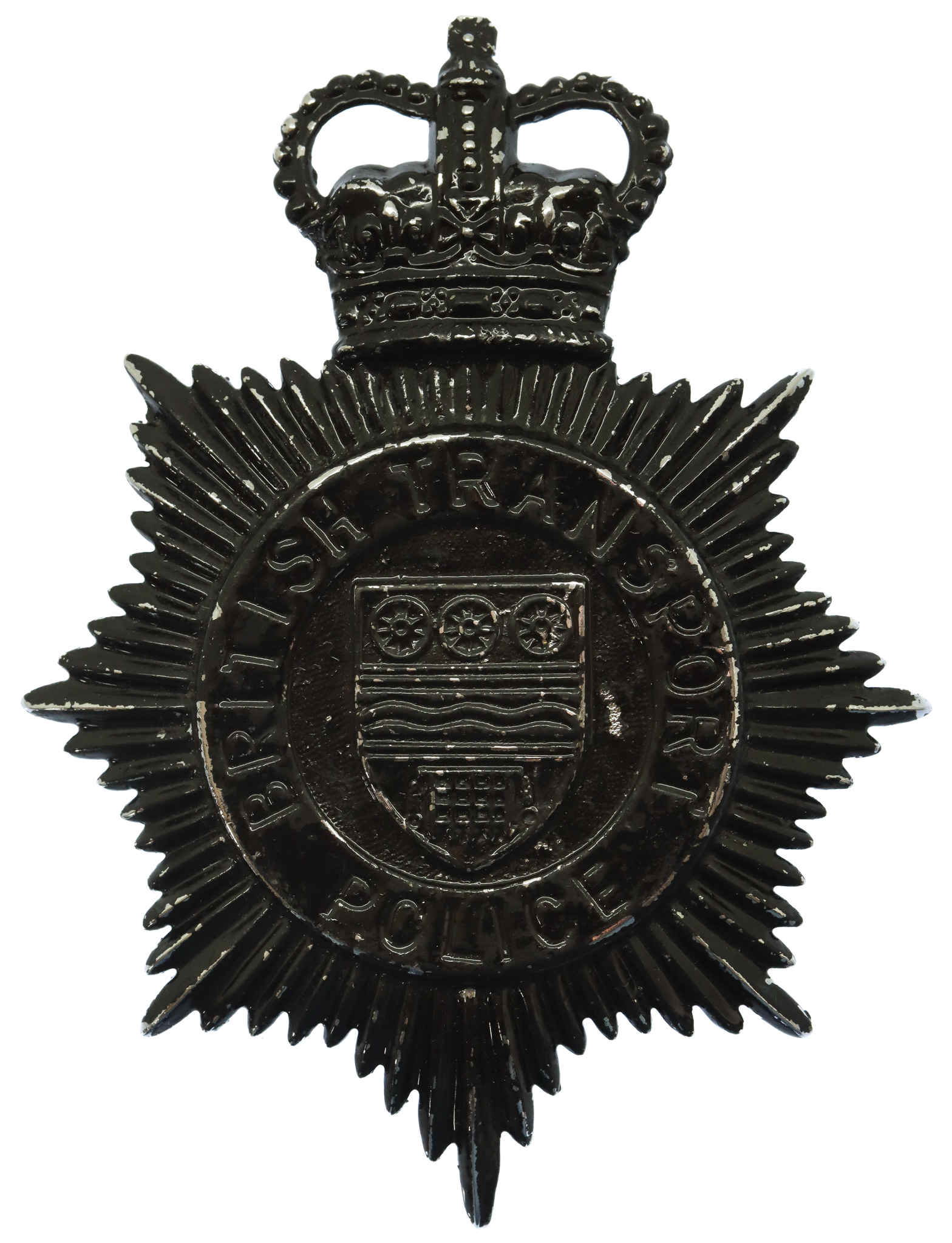 British Transport Police (B.T.P.) Blackened Chrome Helmet Plate - Queen's Crown