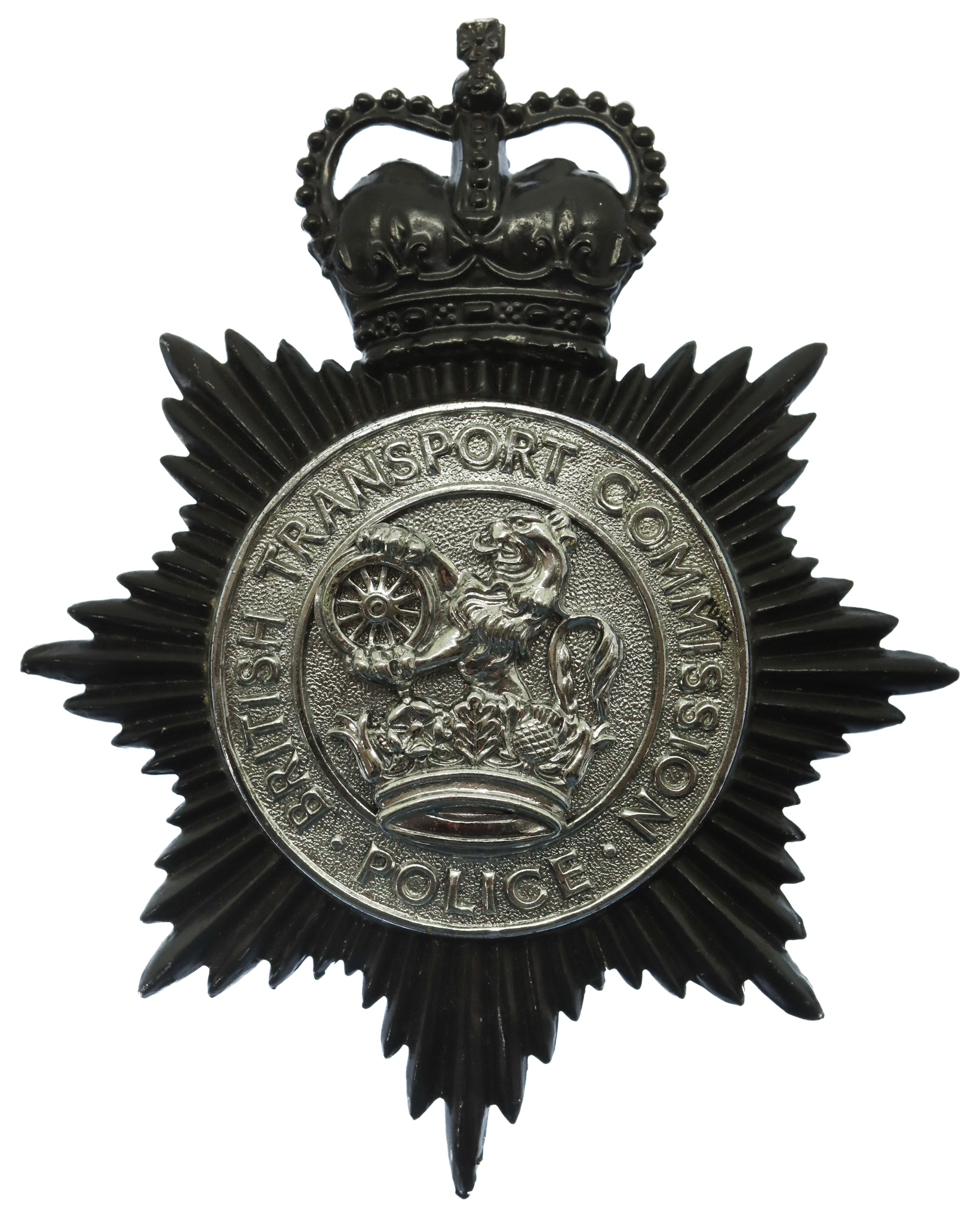 British Transport Commission Police Blackened Chrome Helmet Plate - Queen's Crown