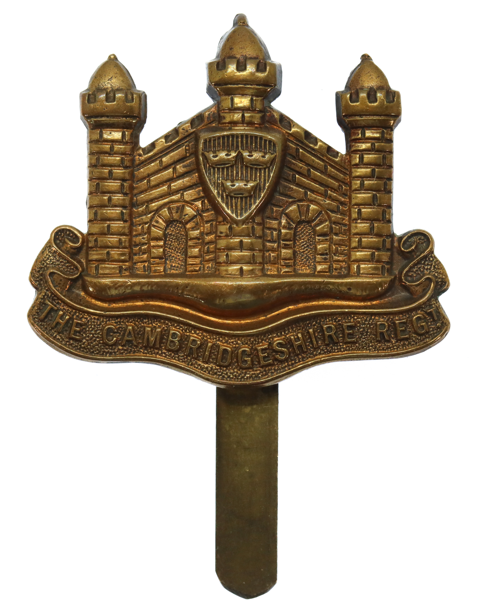 Cambridgeshire Regiment WW1 All Brass Economy Cap Badge 