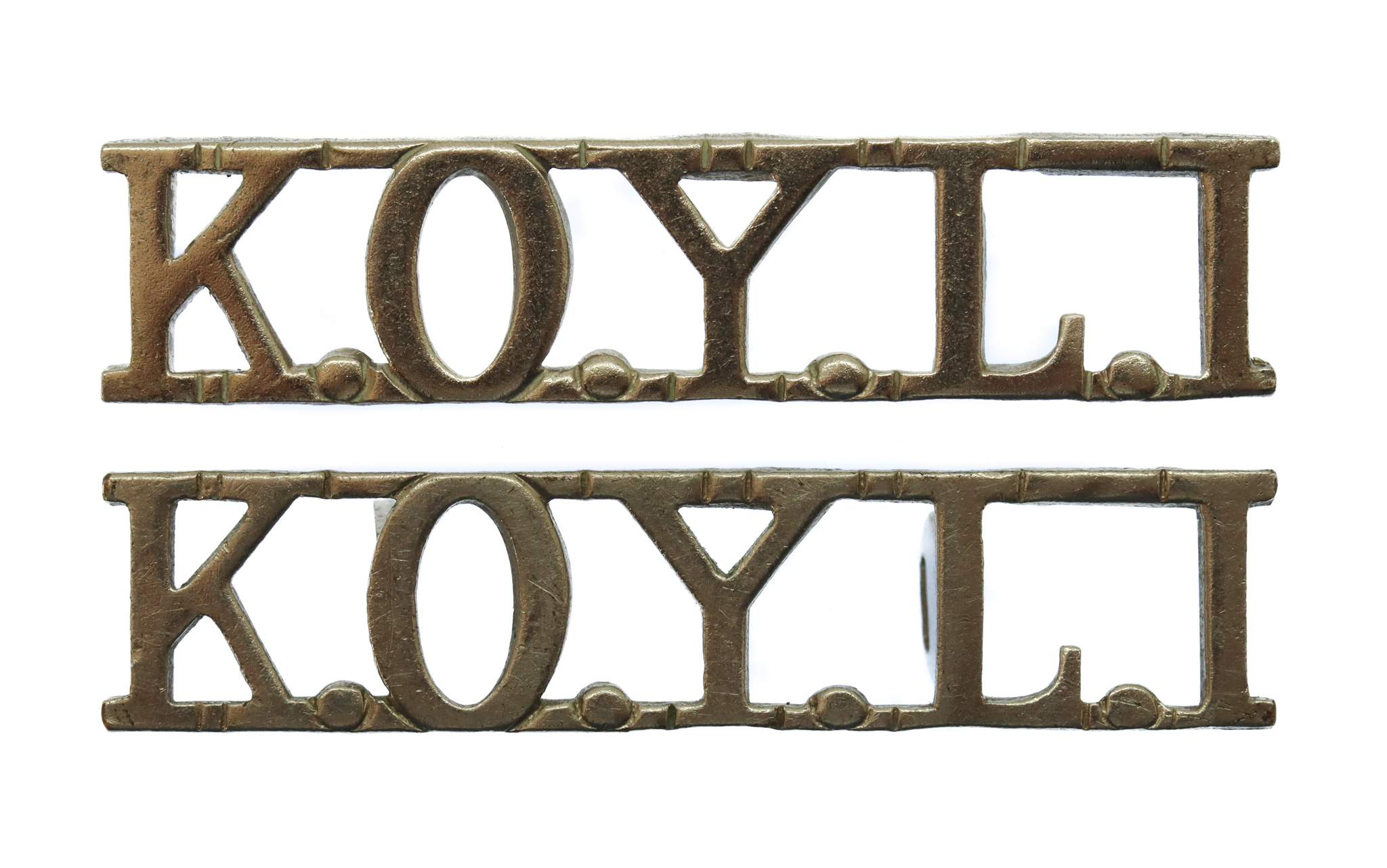 Pair of King's Own Yorkshire Light Infantry (K.O.Y.L.I.) Chrome Shoulder Titles