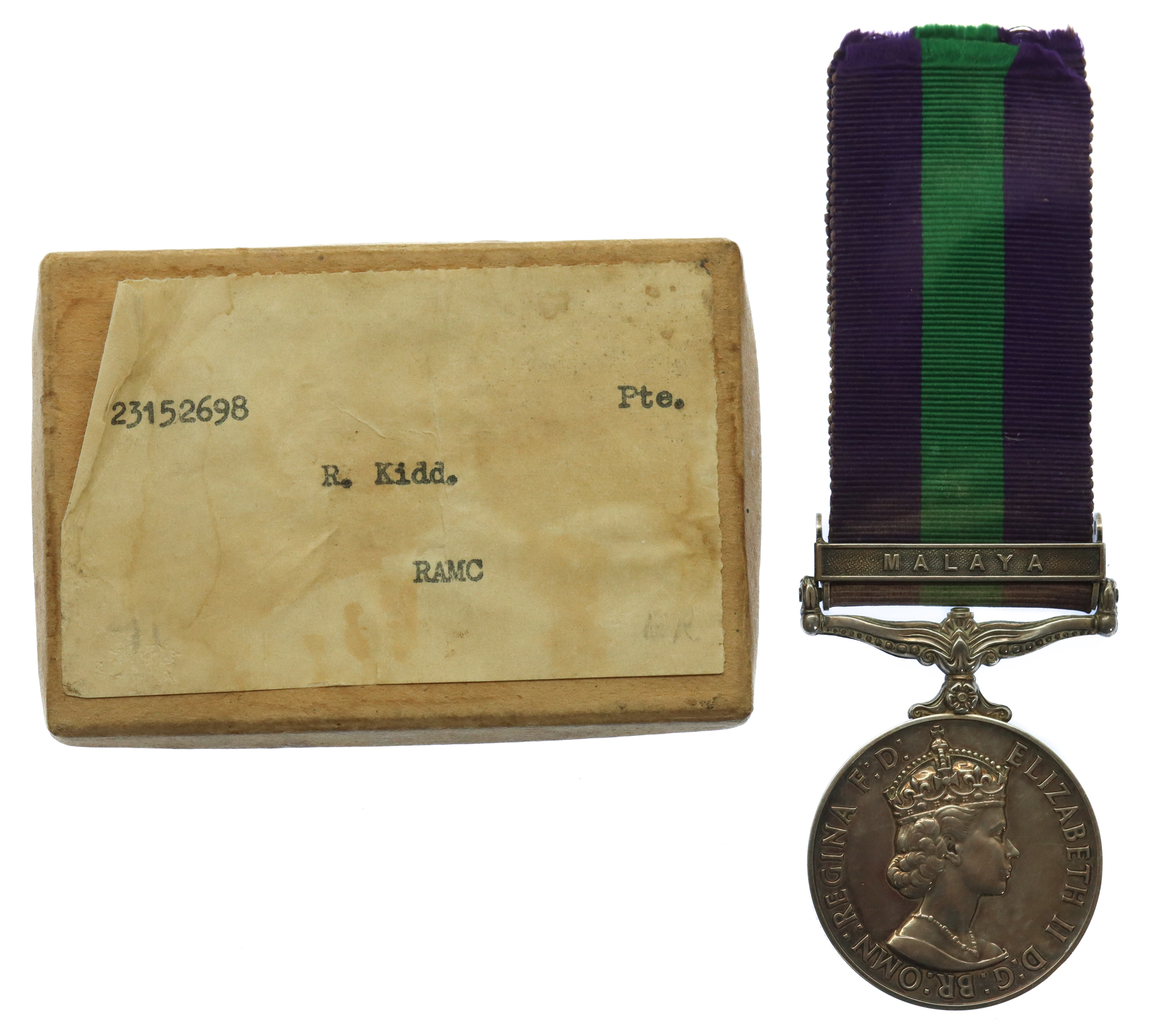 General Service Medal (Clasp - Malaya) in Box of Issue - Pte. R. Kidd, Royal Army Medical Corps