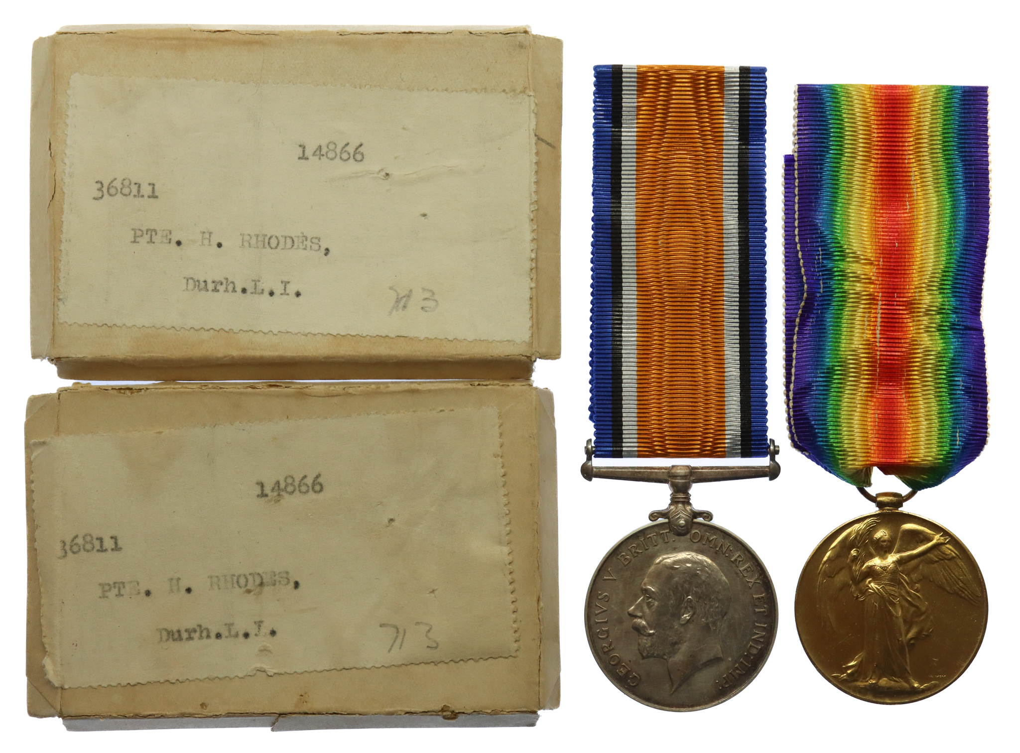 WW1 British War & Victory Medal Pair with Boxes of Issue - Pte. H. Rhodes, Durham Light Infantry