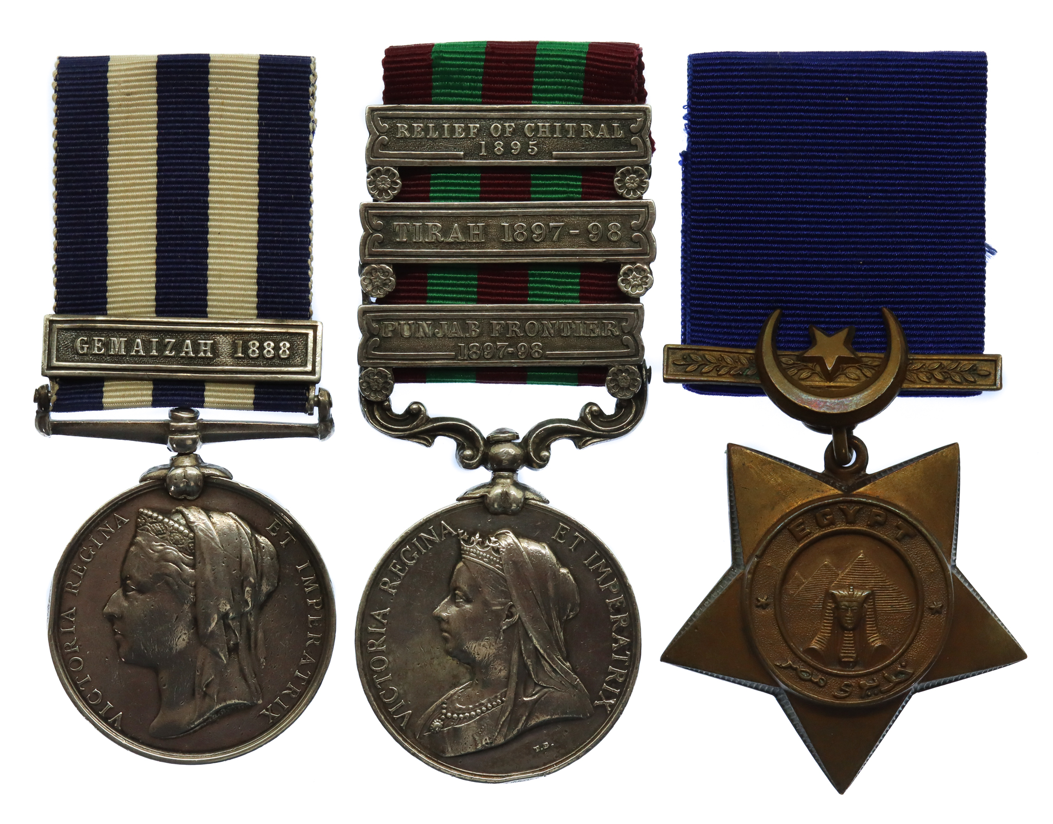 Egypt Medal (Clasp - Gemaizah 1888), 1895 India General Service Medal (3 Clasps) and Khedives Star Medal Group of Three - Pte. J. Boyce, 2nd Bn. King's Own Scottish Borderers